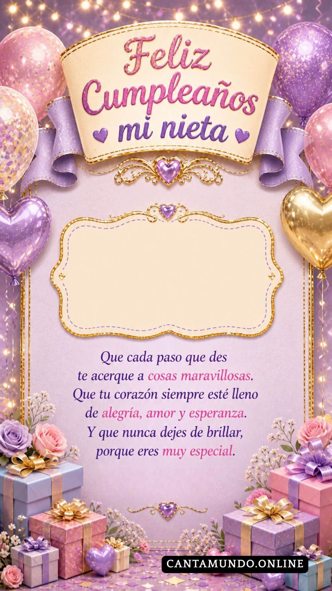 Plantilla de Feliz Cumpleaños mi nieta gratis para descargar, felicitación de abuelita elegante