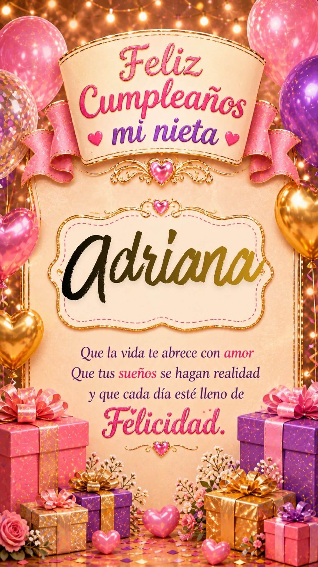 Tarjeta de Feliz cumpleaños para tu nieta Adriana gratis para descargar, felicitación de abuelita elegante