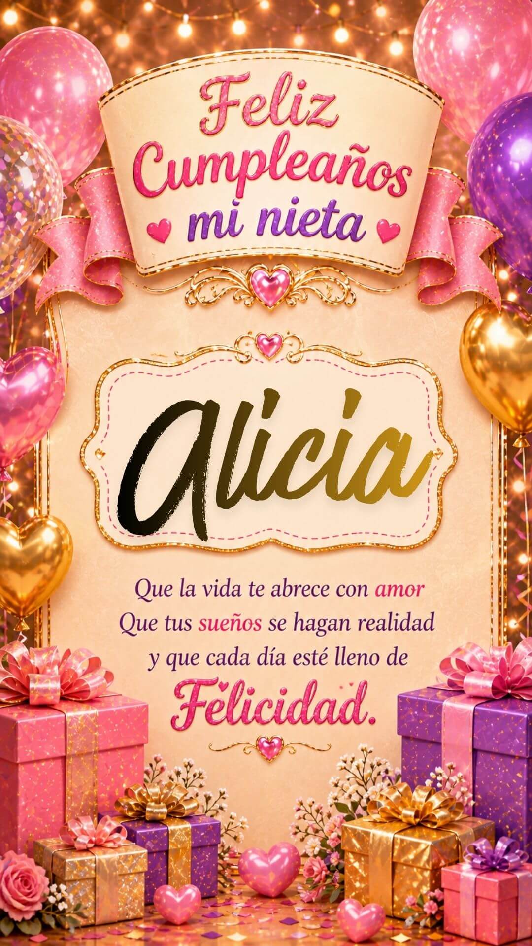 Tarjeta de Feliz cumpleaños para tu nieta Alicia gratis para descargar, felicitación de abuelita elegante