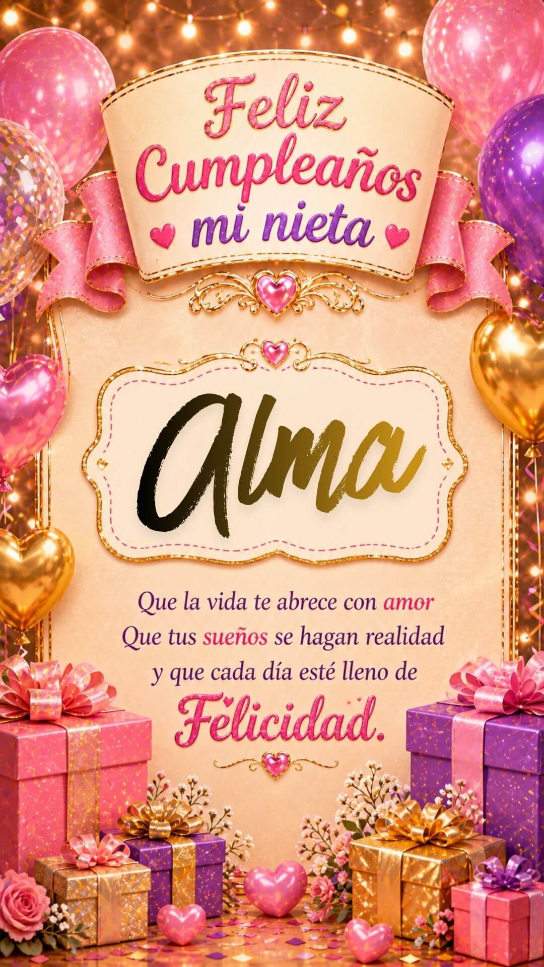 Tarjeta de Feliz cumpleaños para tu nieta Alma gratis para descargar, felicitación de abuelita elegante
