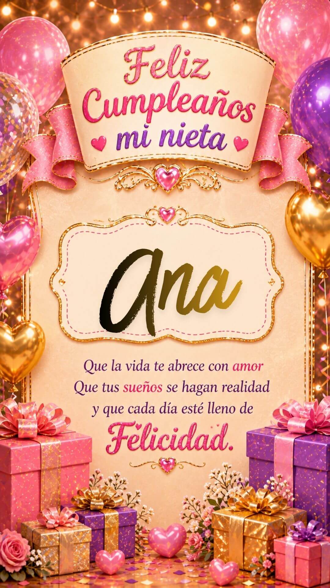 Tarjeta de Feliz cumpleaños para tu nieta Ana gratis para descargar, felicitación de abuelita elegante
