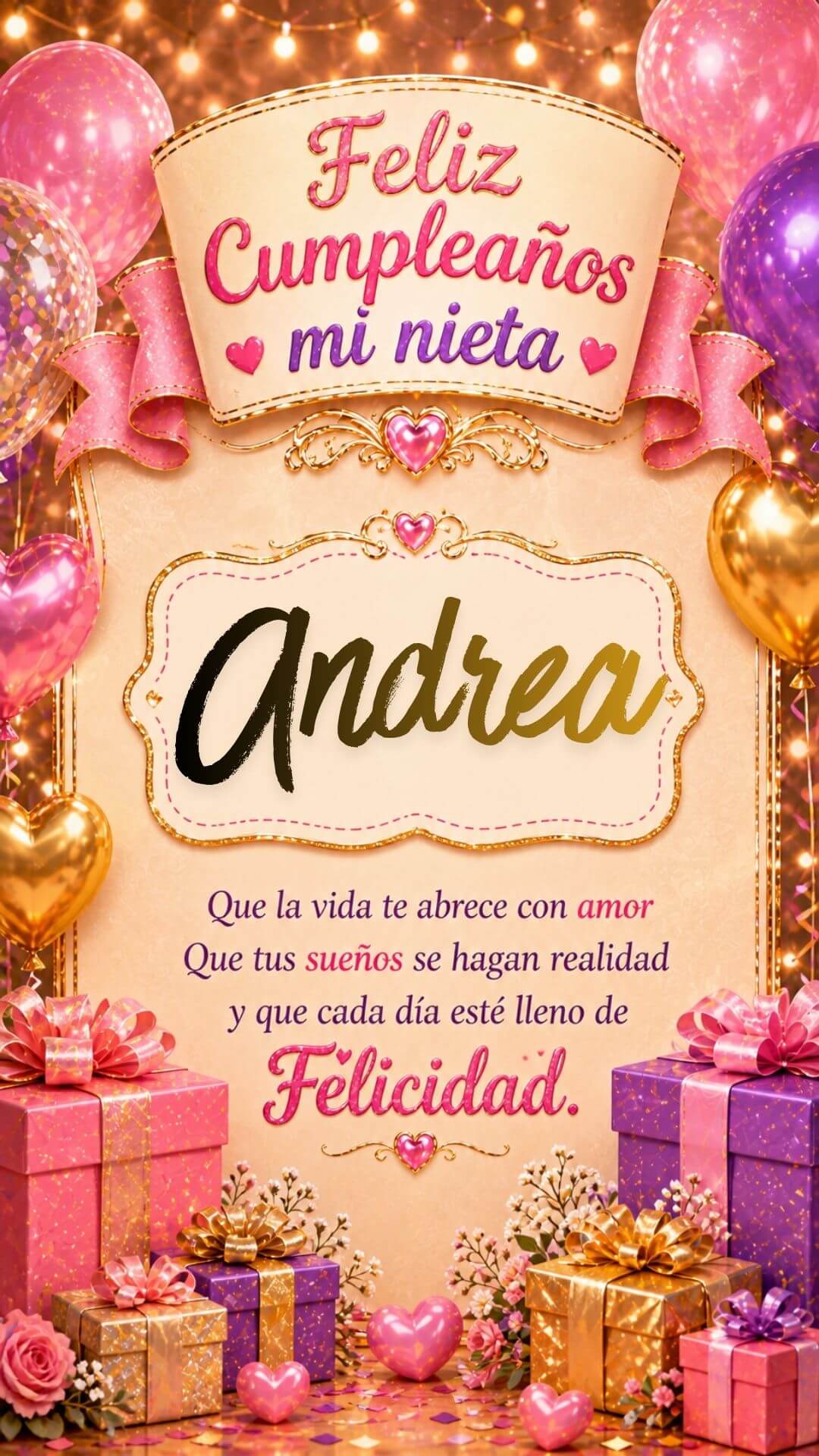 Tarjeta de Feliz cumpleaños para tu nieta Andrea gratis para descargar, felicitación de abuelita elegante