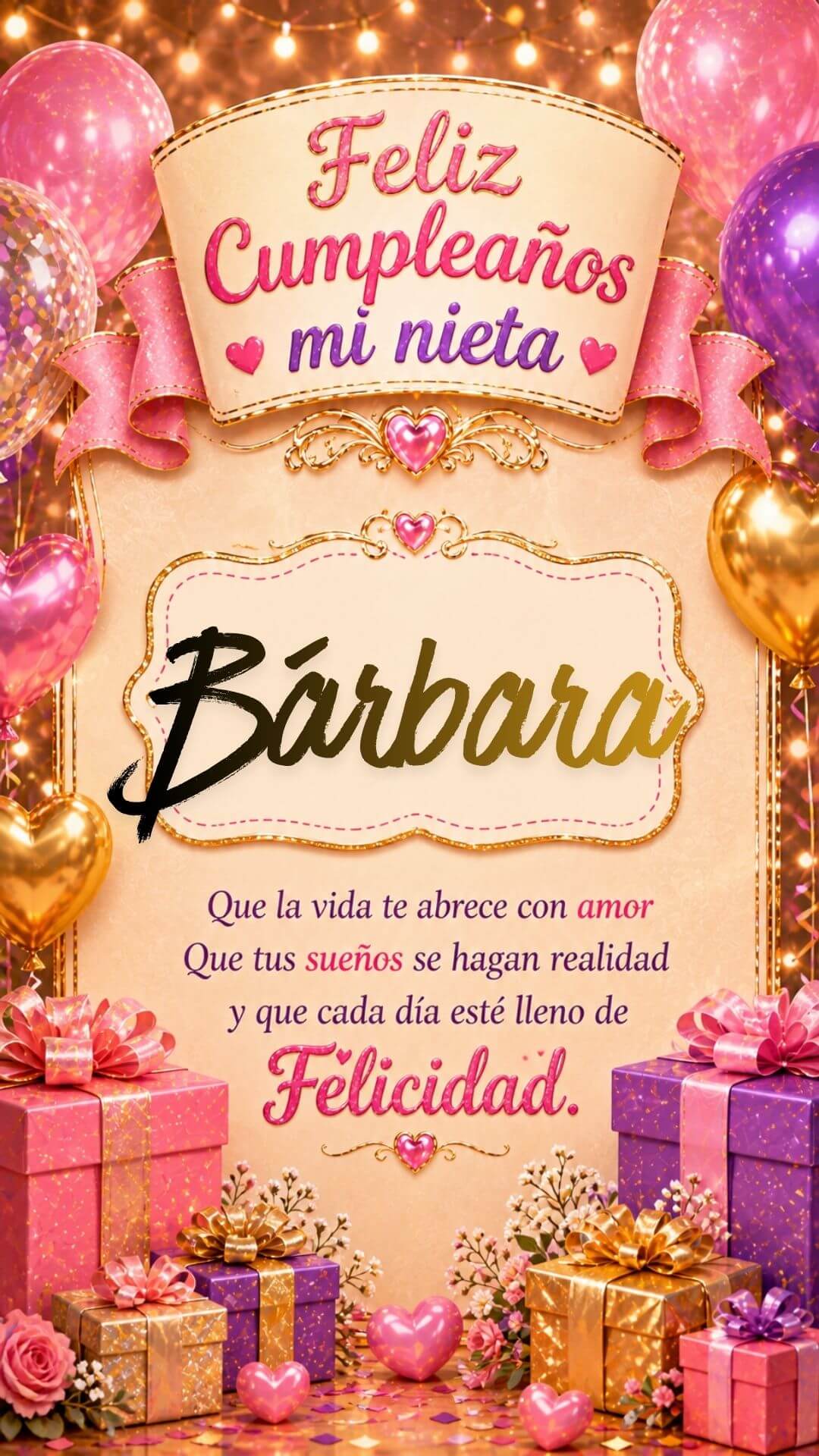 Tarjeta de Feliz cumpleaños para tu nieta Barbara gratis para descargar, felicitación de abuelita elegante