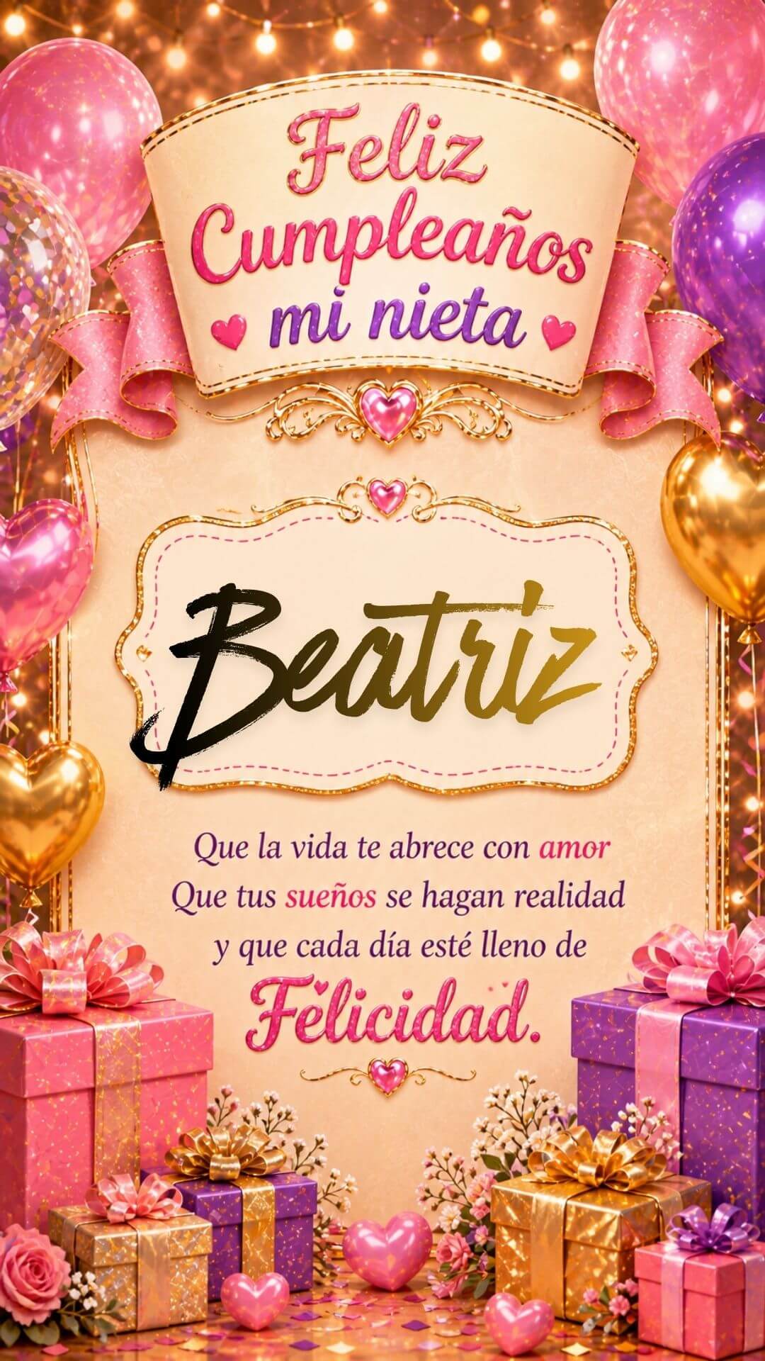 Tarjeta de Feliz cumpleaños para tu nieta Beatriz gratis para descargar, felicitación de abuelita elegante
