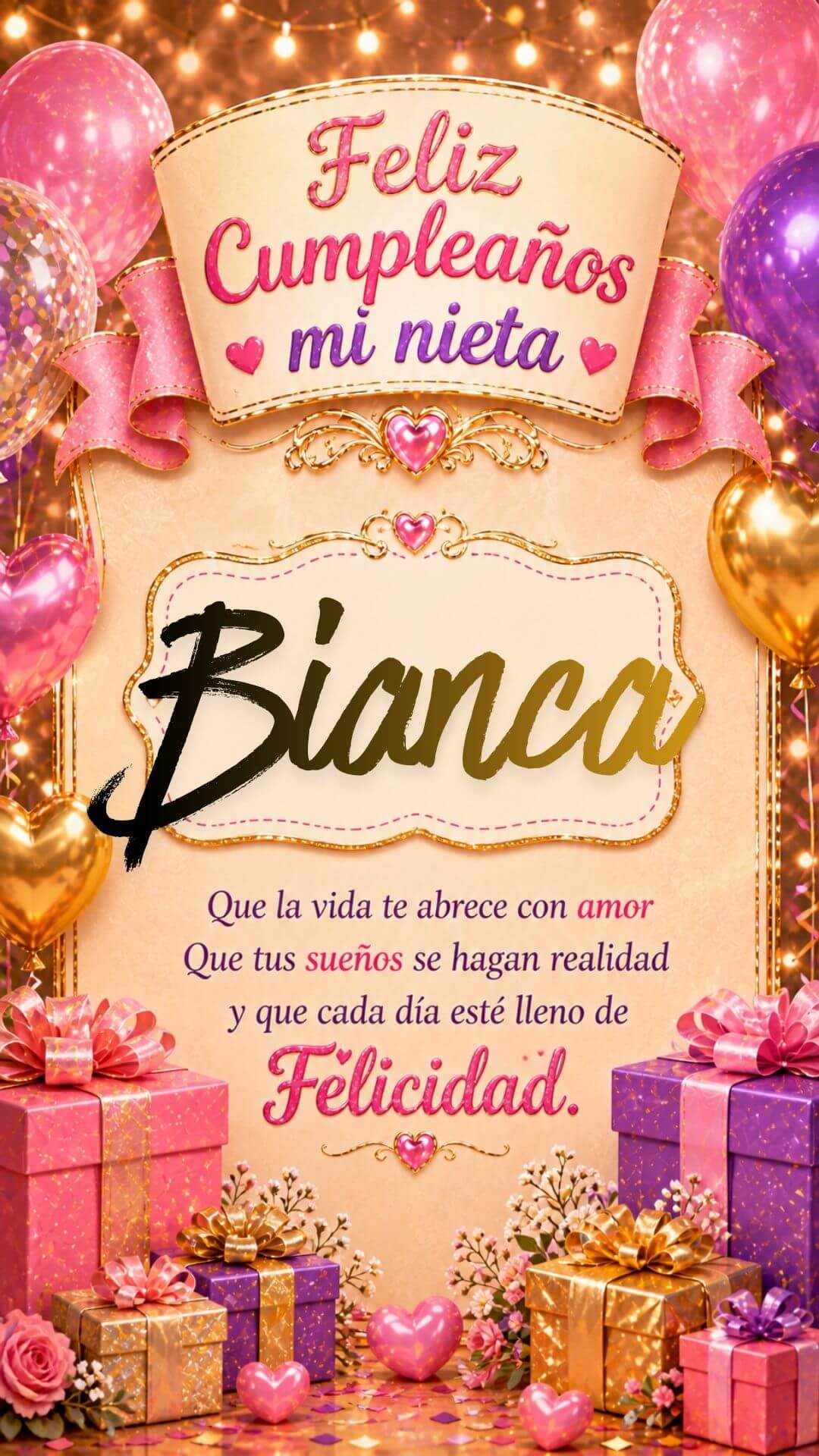Tarjeta de Feliz cumpleaños para tu nieta Bianca gratis para descargar, felicitación de abuelita elegante
