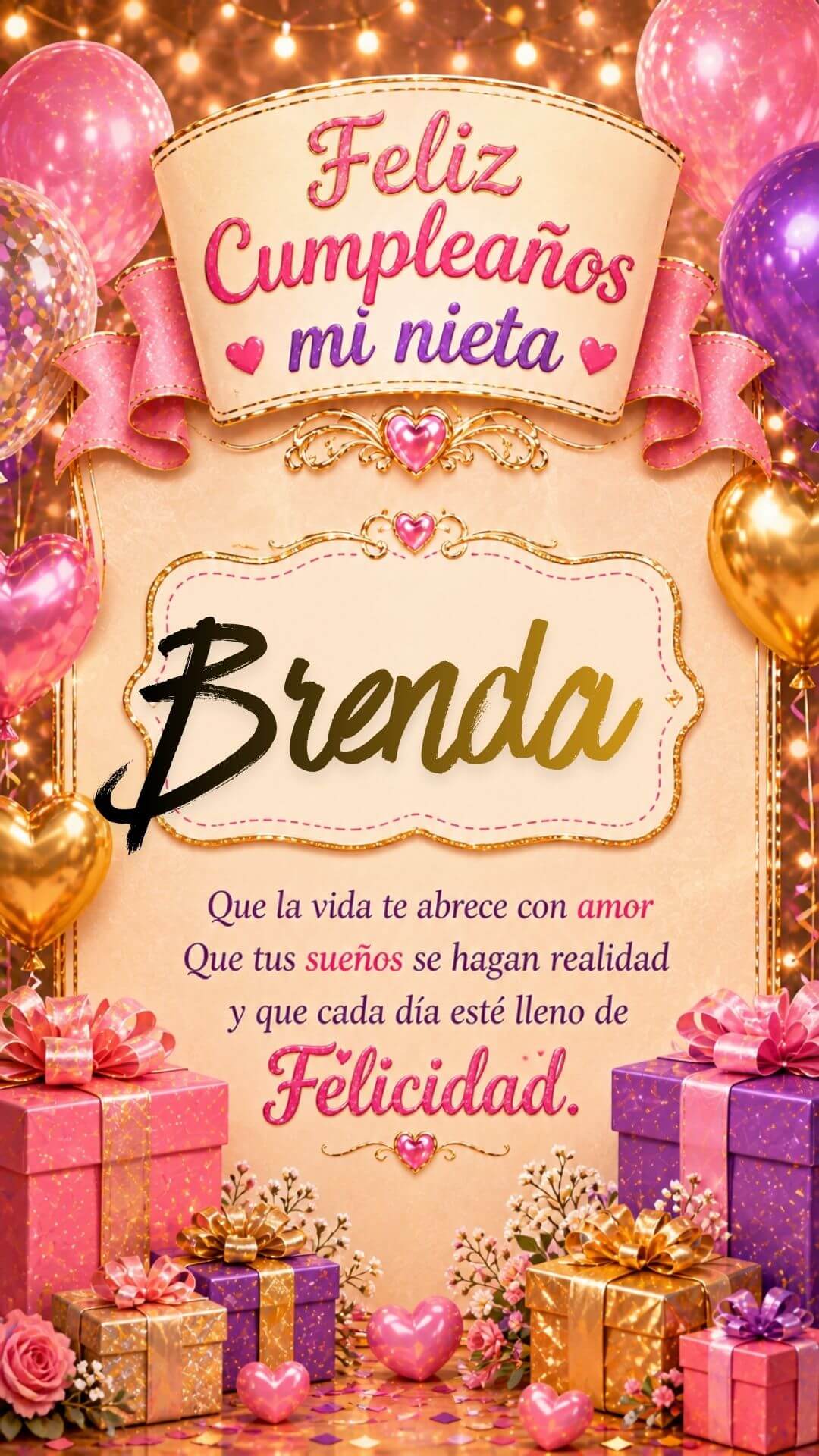 Tarjeta de Feliz cumpleaños para tu nieta Brenda gratis para descargar, felicitación de abuelita elegante