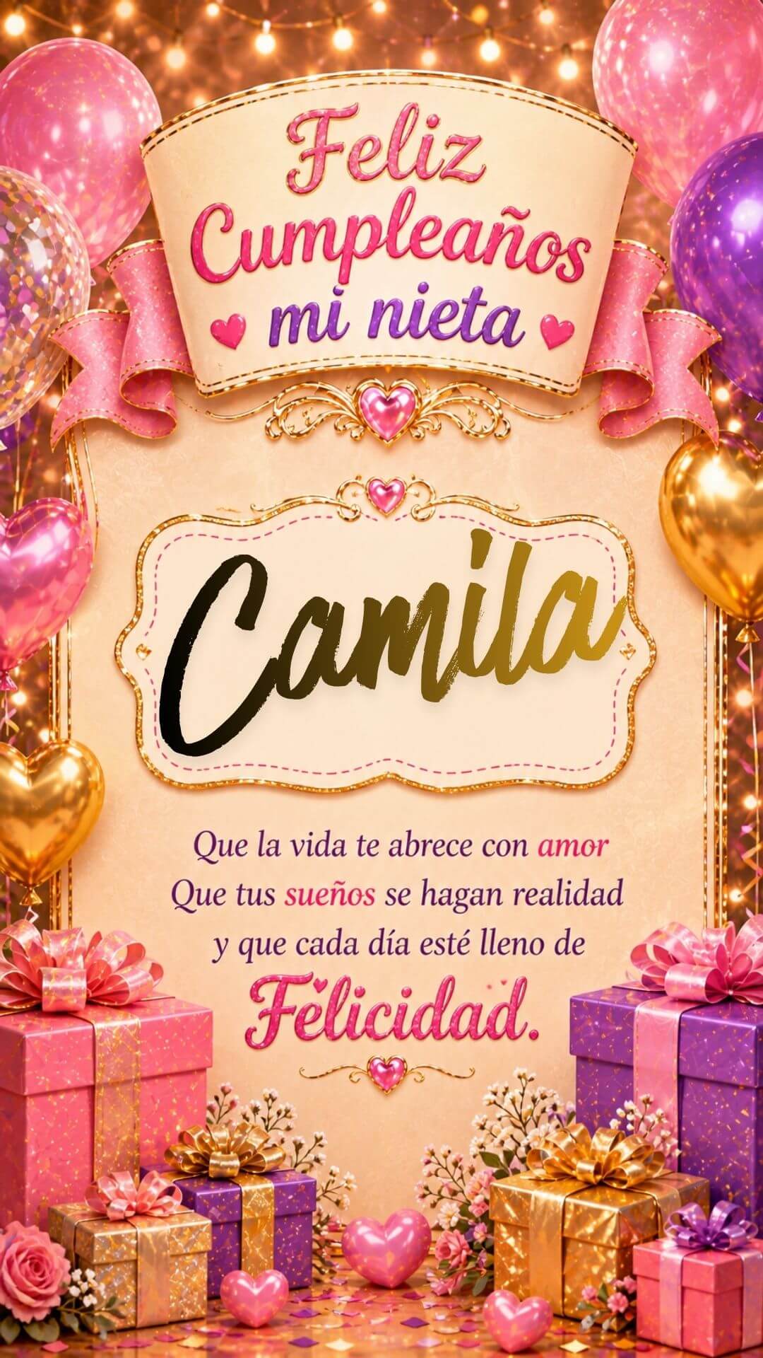Tarjeta de Feliz cumpleaños para tu nieta Camila gratis para descargar, felicitación de abuelita elegante