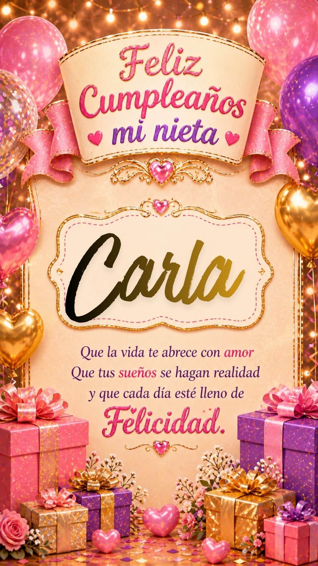 Tarjeta de Feliz cumpleaños para tu nieta Carla gratis para descargar, felicitación de abuelita elegante