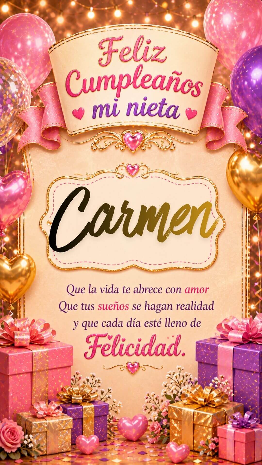 Tarjeta de Feliz cumpleaños para tu nieta Carmen gratis para descargar, felicitación de abuelita elegante