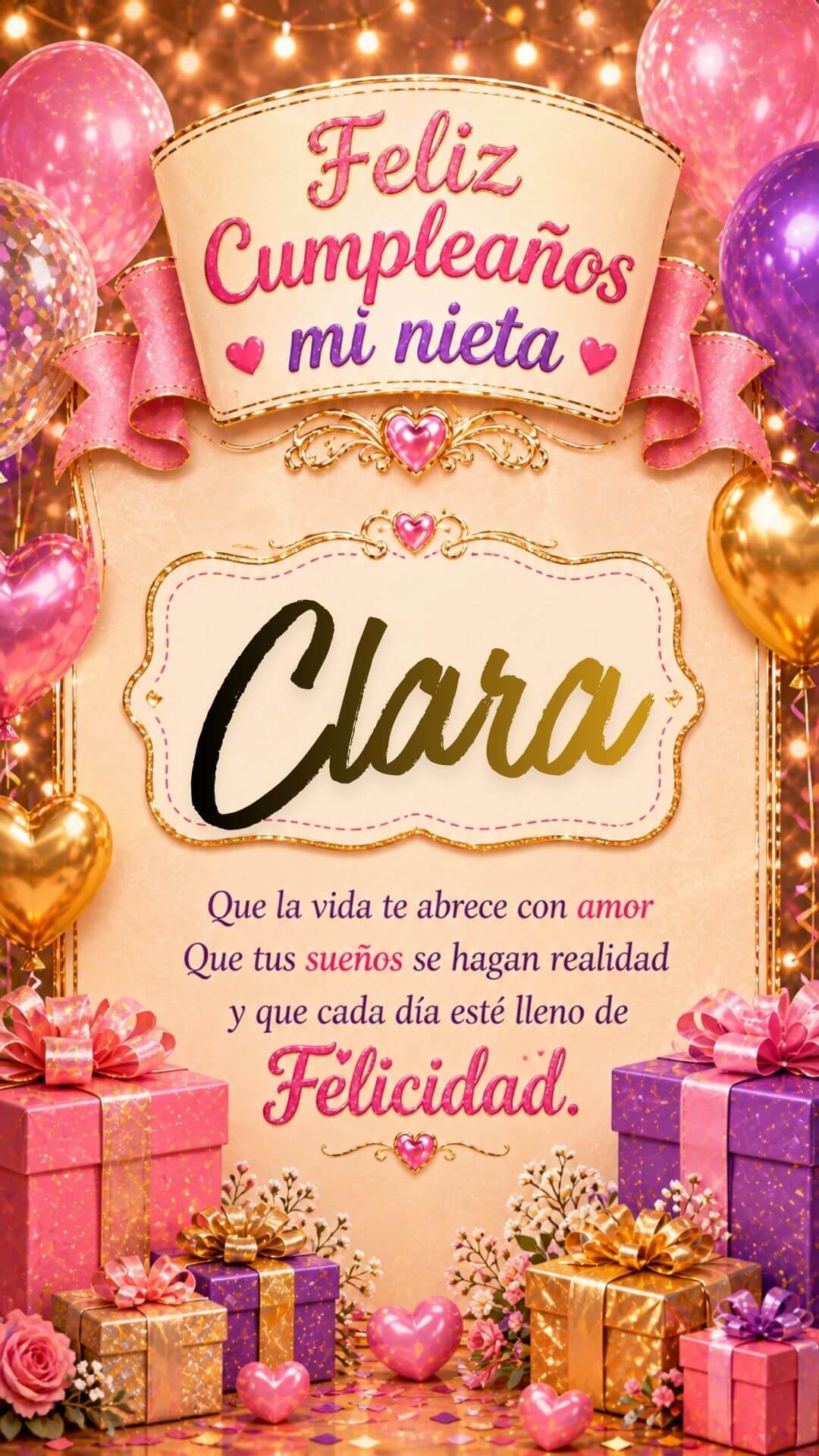 Tarjeta de Feliz cumpleaños para tu nieta Clara gratis para descargar, felicitación de abuelita elegante