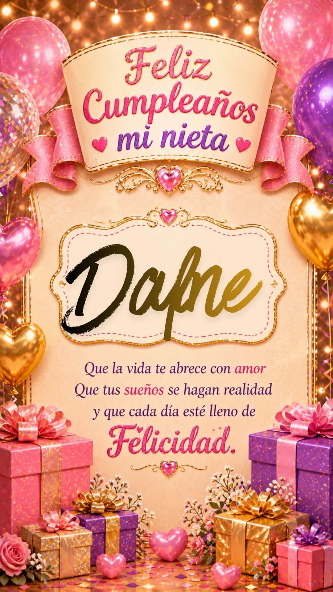 Tarjeta de Feliz cumpleaños para tu nieta Dafne gratis para descargar, felicitación de abuelita elegante