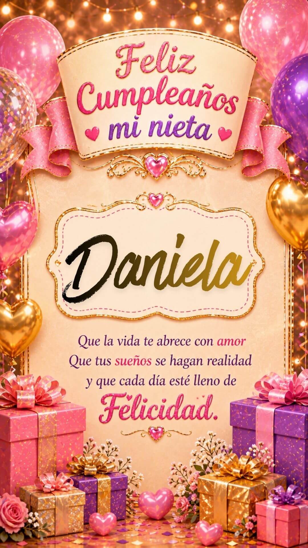 Tarjeta de Feliz cumpleaños para tu nieta Daniela gratis para descargar, felicitación de abuelita elegante