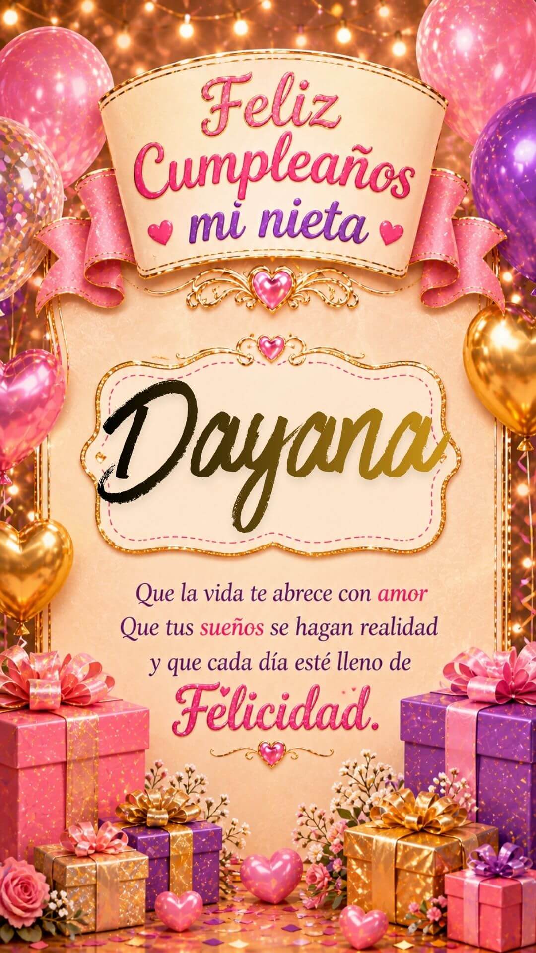 Tarjeta de Feliz cumpleaños para tu nieta Dayana gratis para descargar, felicitación de abuelita elegante