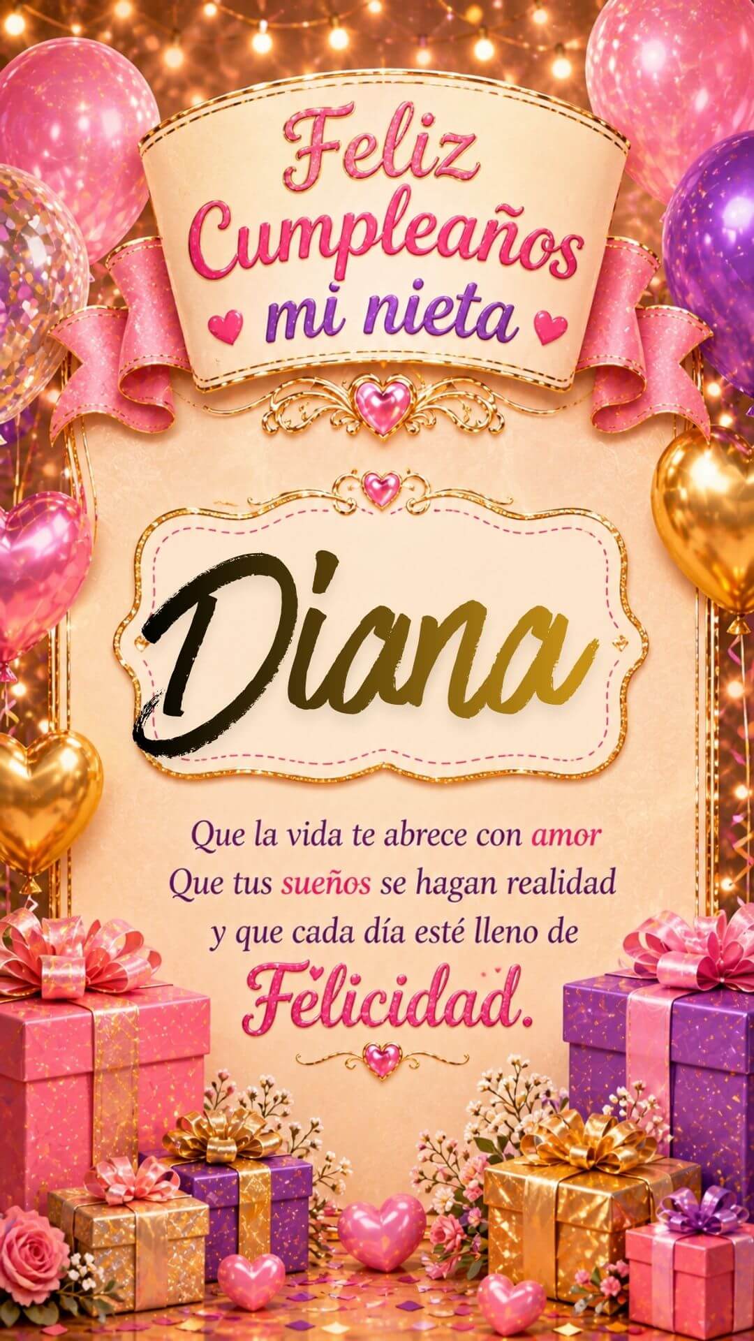 Tarjeta de Feliz cumpleaños para tu nieta Diana gratis para descargar, felicitación de abuelita elegante