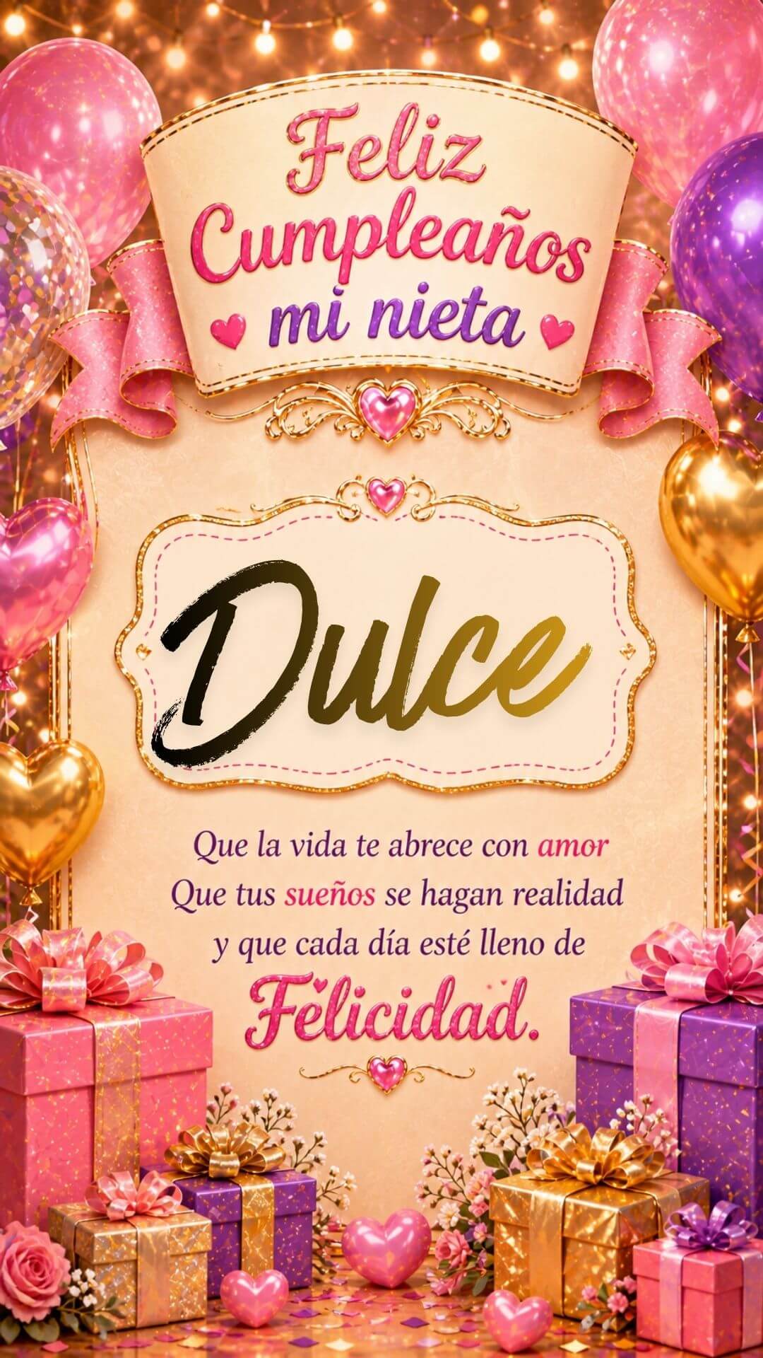 Tarjeta de Feliz cumpleaños para tu nieta Dulce gratis para descargar, felicitación de abuelita elegante