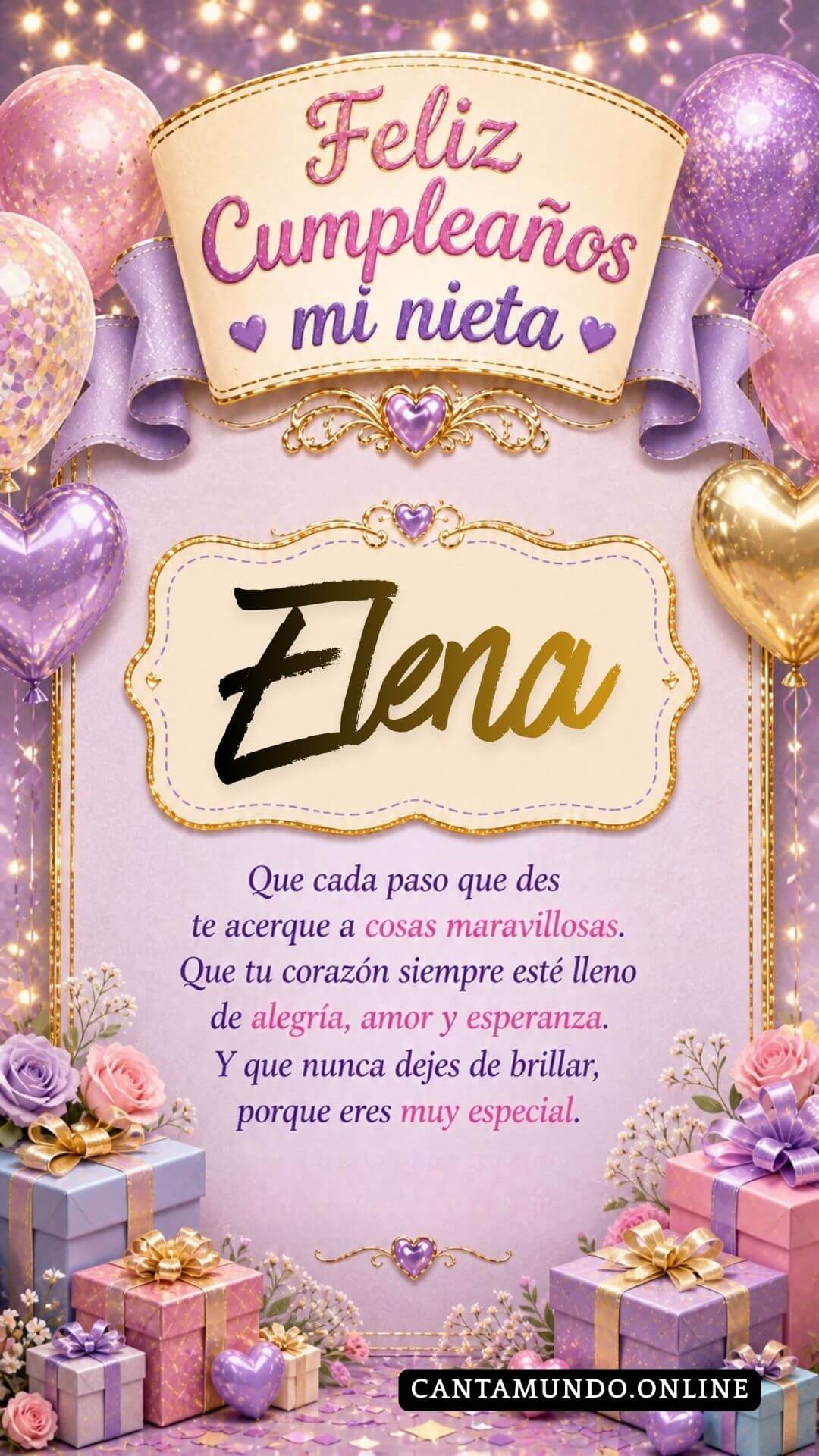 Tarjeta de Feliz cumpleaños para tu nieta Elena gratis para descargar, felicitación de abuelita elegante