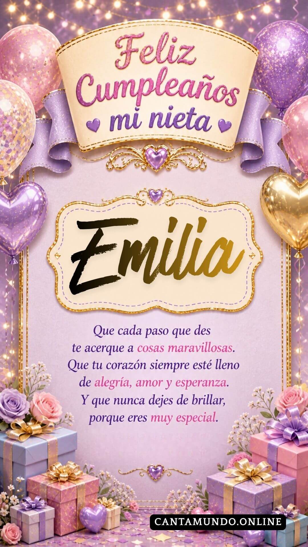Tarjeta de Feliz cumpleaños para tu nieta Emilia gratis para descargar, felicitación de abuelita elegante