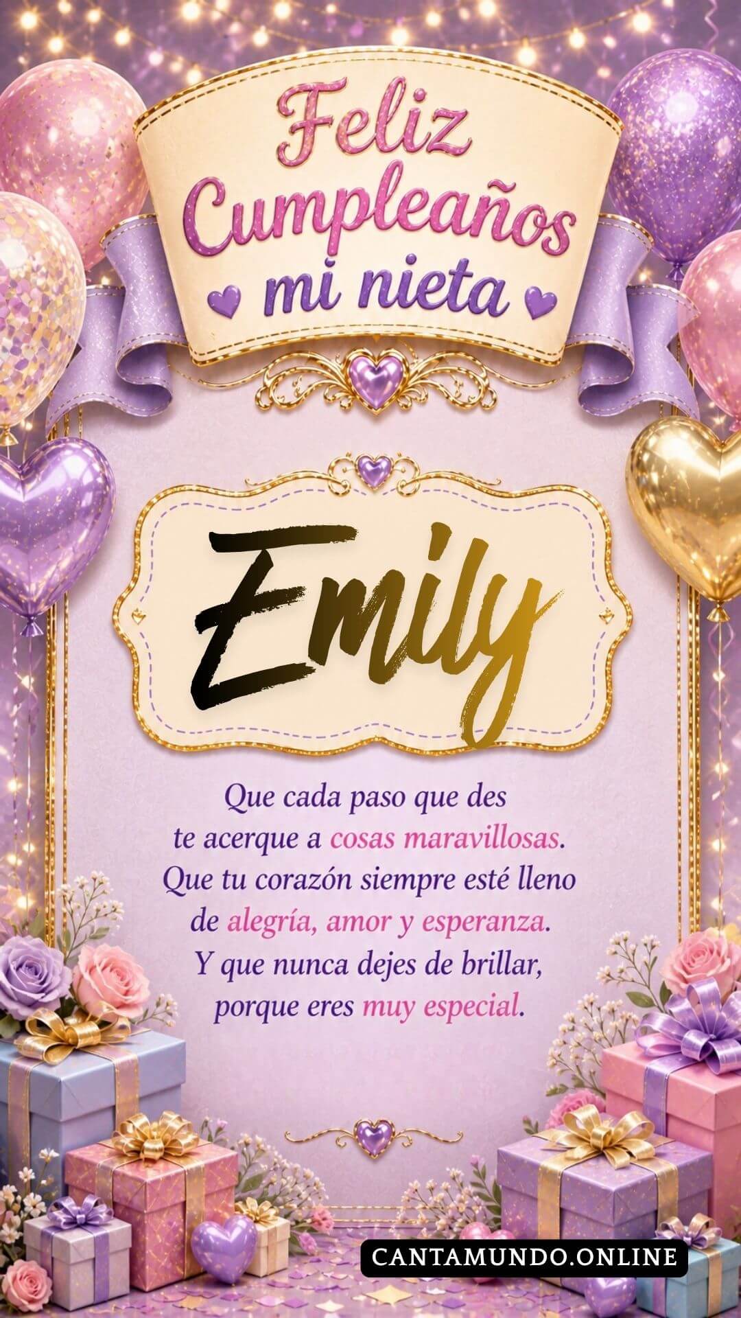 Tarjeta de Feliz cumpleaños para tu nieta Emily gratis para descargar, felicitación de abuelita elegante