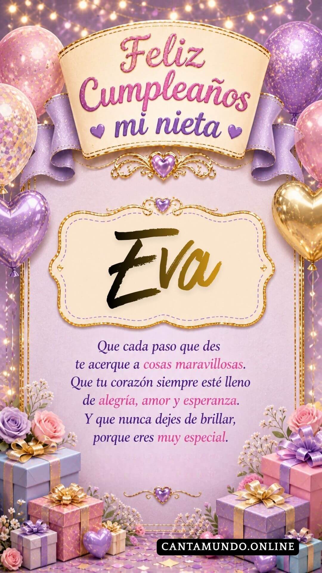 Tarjeta de Feliz cumpleaños para tu nieta Eva gratis para descargar, felicitación de abuelita elegante