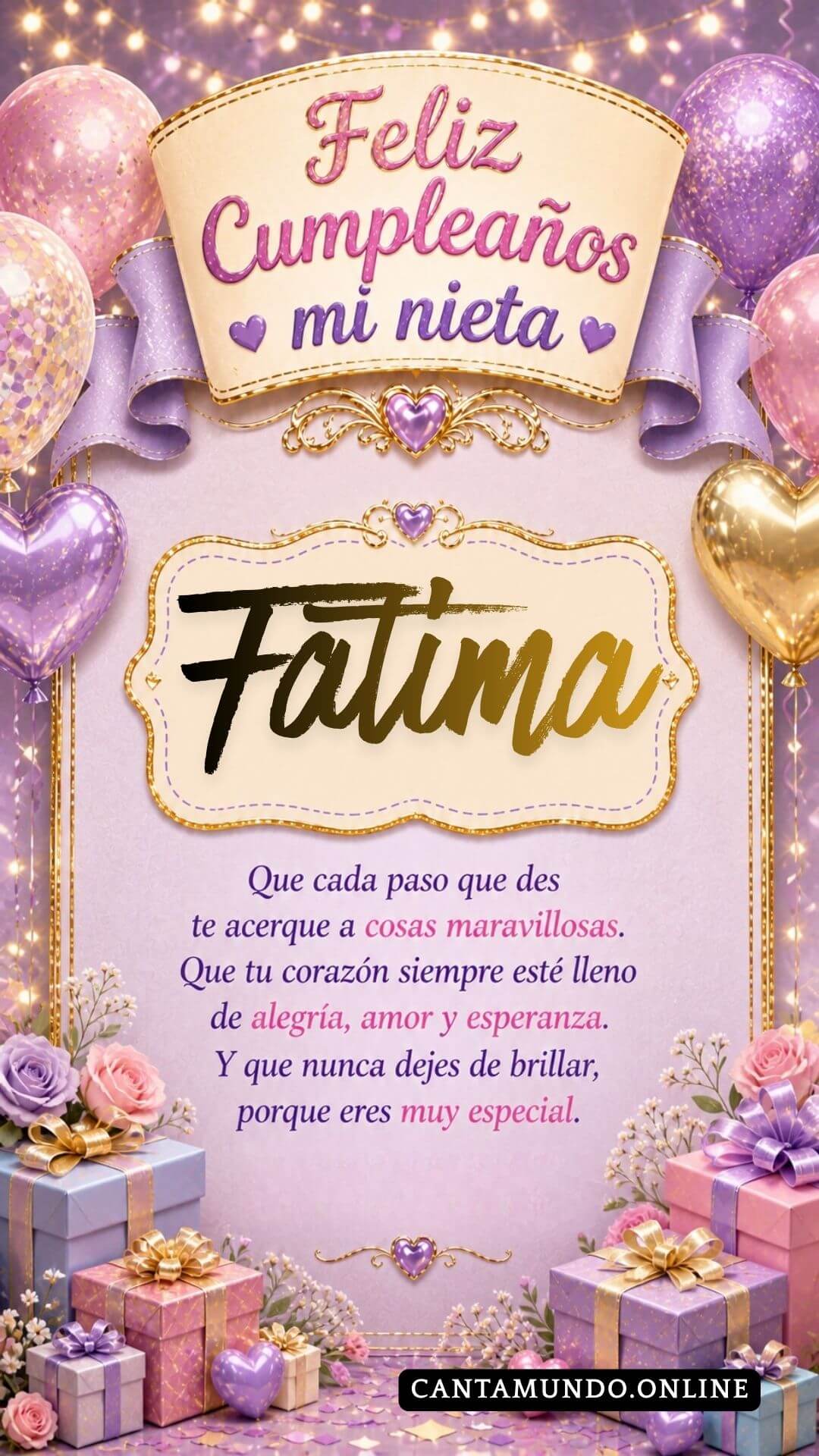 Tarjeta de Feliz cumpleaños para tu nieta Fatima gratis para descargar, felicitación de abuelita elegante