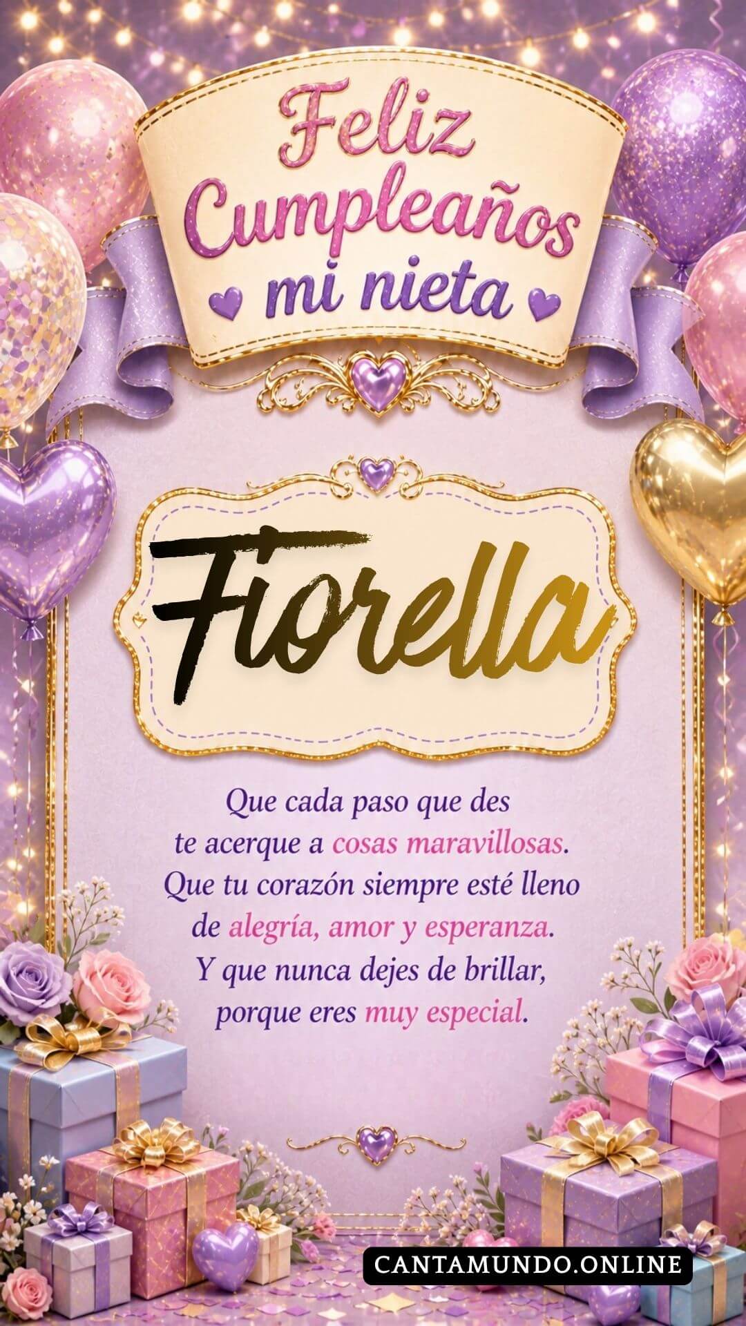 Tarjeta de Feliz cumpleaños para tu nieta Fiorella gratis para descargar, felicitación de abuelita elegante