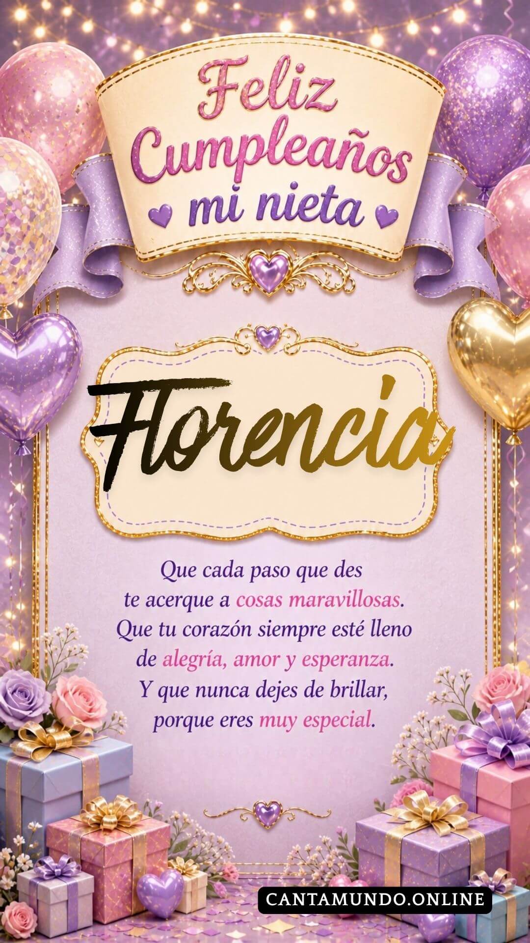 Tarjeta de Feliz cumpleaños para tu nieta Florencia gratis para descargar, felicitación de abuelita elegante