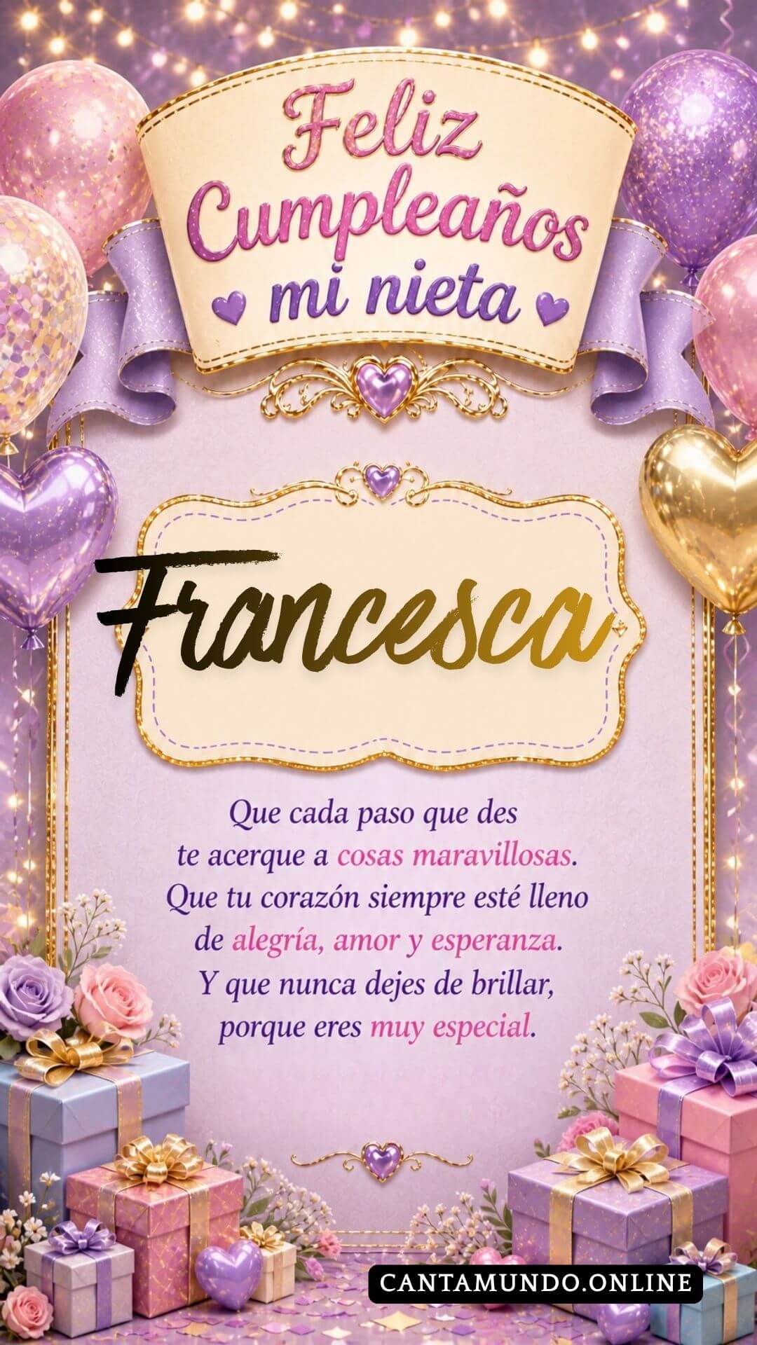 Tarjeta de Feliz cumpleaños para tu nieta Francesca gratis para descargar, felicitación de abuelita elegante