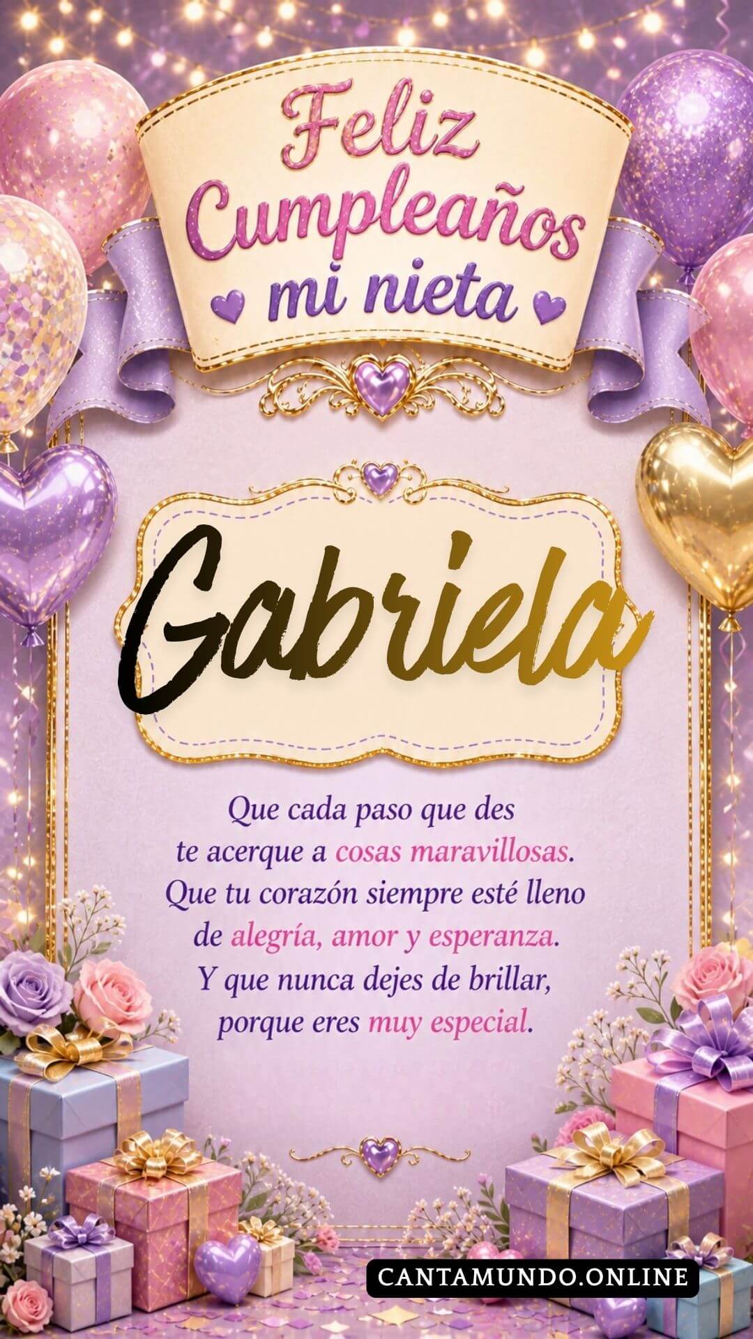 Tarjeta de Feliz cumpleaños para tu nieta Gabriela gratis para descargar, felicitación de abuelita elegante