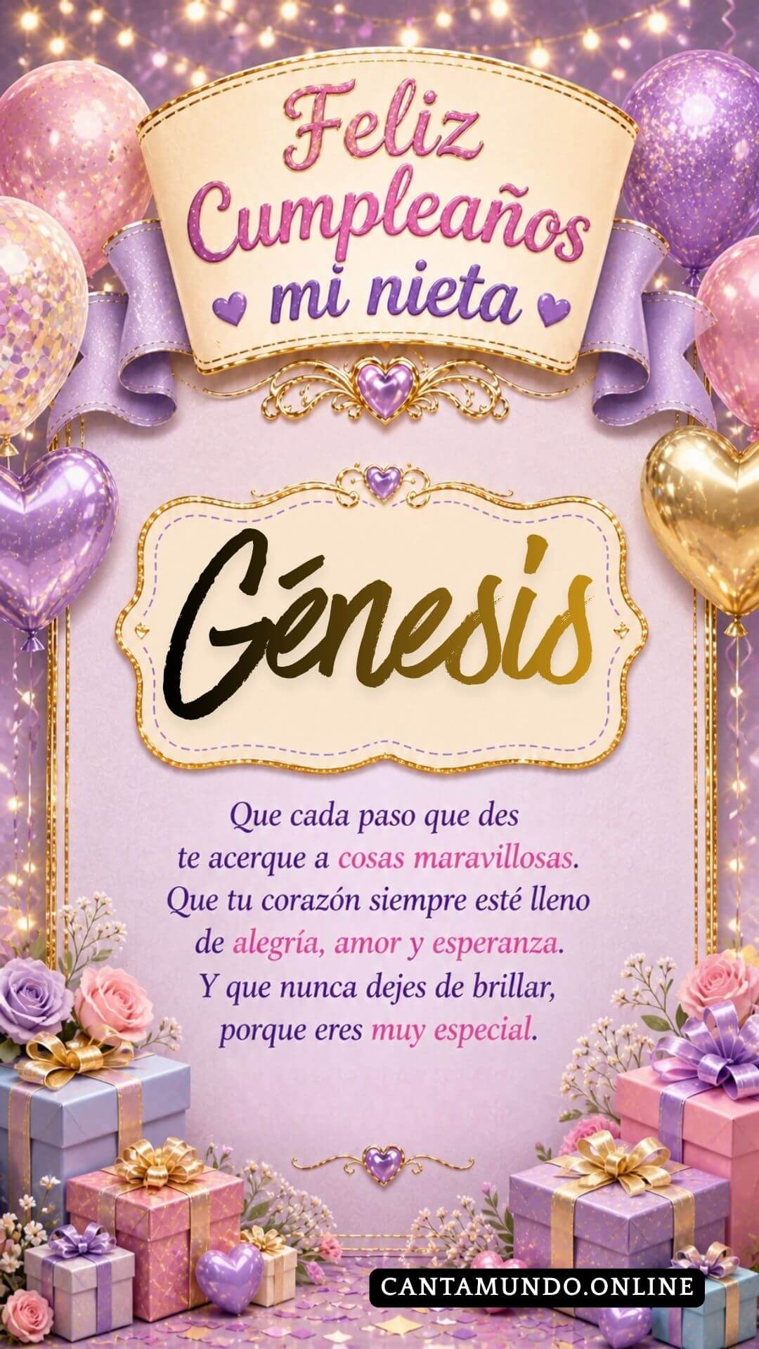Tarjeta de Feliz cumpleaños para tu nieta Genesis gratis para descargar, felicitación de abuelita elegante