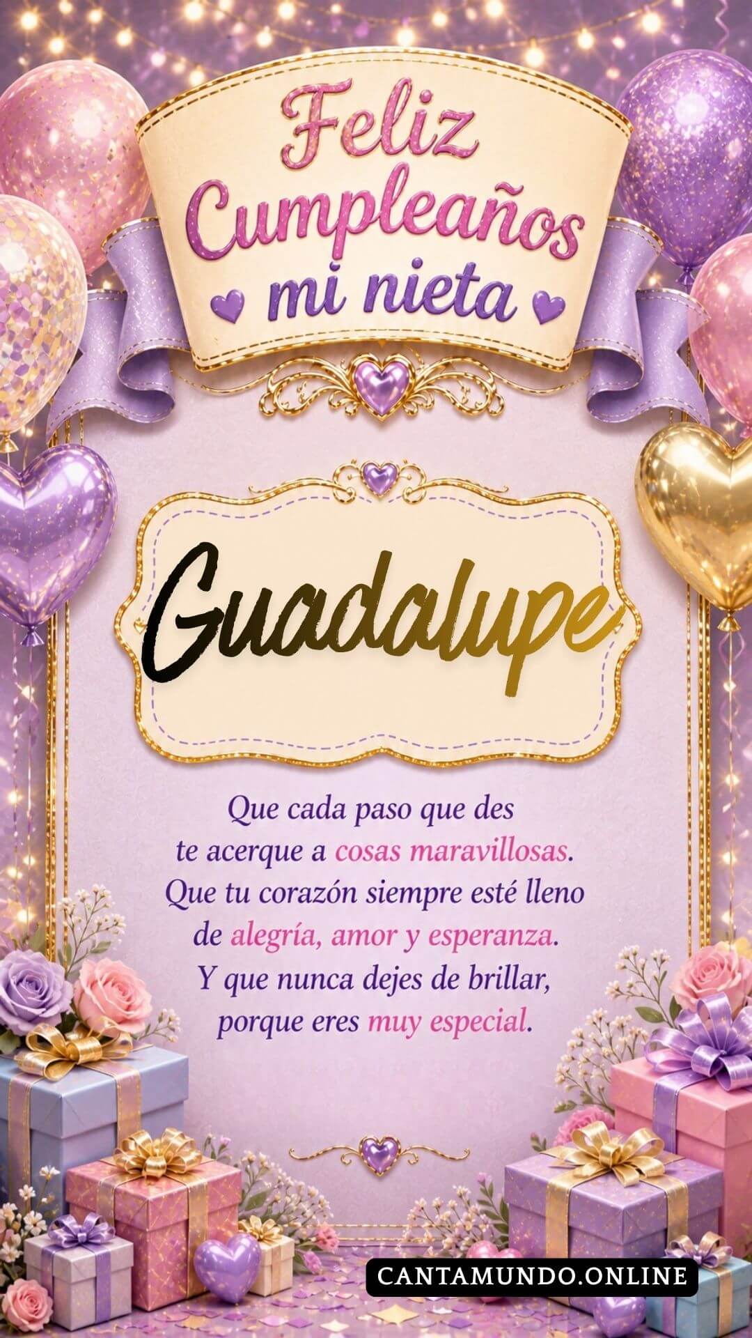 Tarjeta de Feliz cumpleaños para tu nieta Guadalupe gratis para descargar, felicitación de abuelita elegante