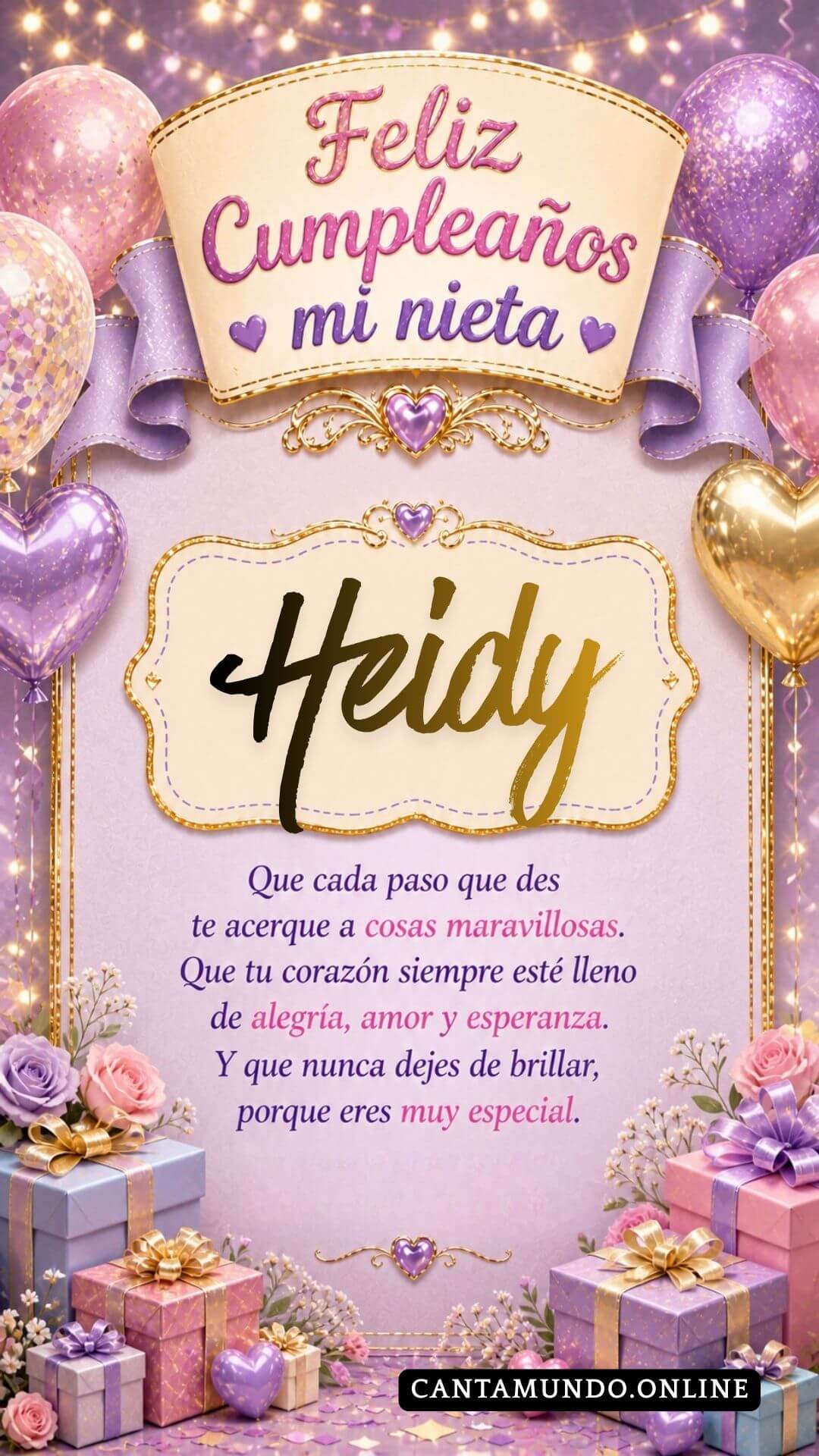 Tarjeta de Feliz cumpleaños para tu nieta Heidy gratis para descargar, felicitación de abuelita elegante