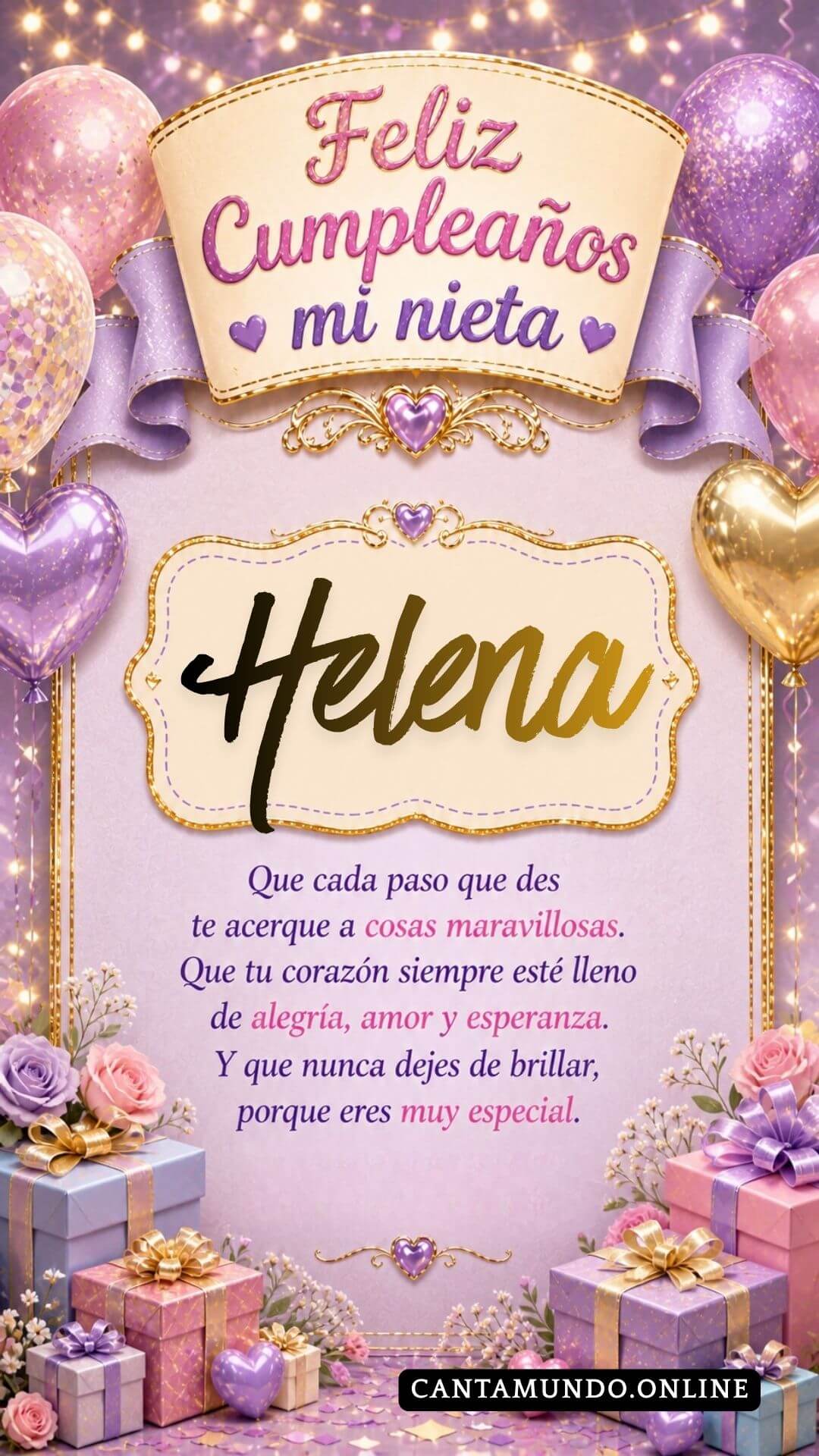 Tarjeta de Feliz cumpleaños para tu nieta Helena gratis para descargar, felicitación de abuelita elegante