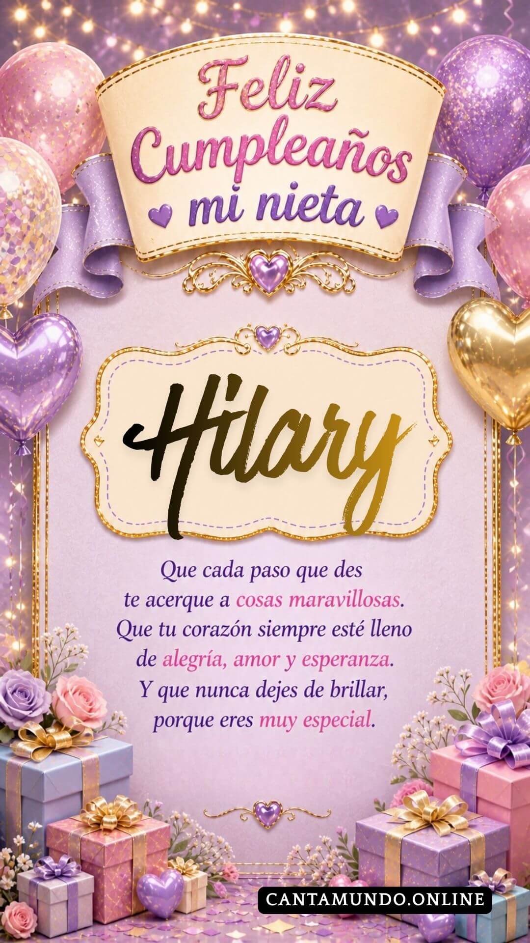 Tarjeta de Feliz cumpleaños para tu nieta Hilary gratis para descargar, felicitación de abuelita elegante