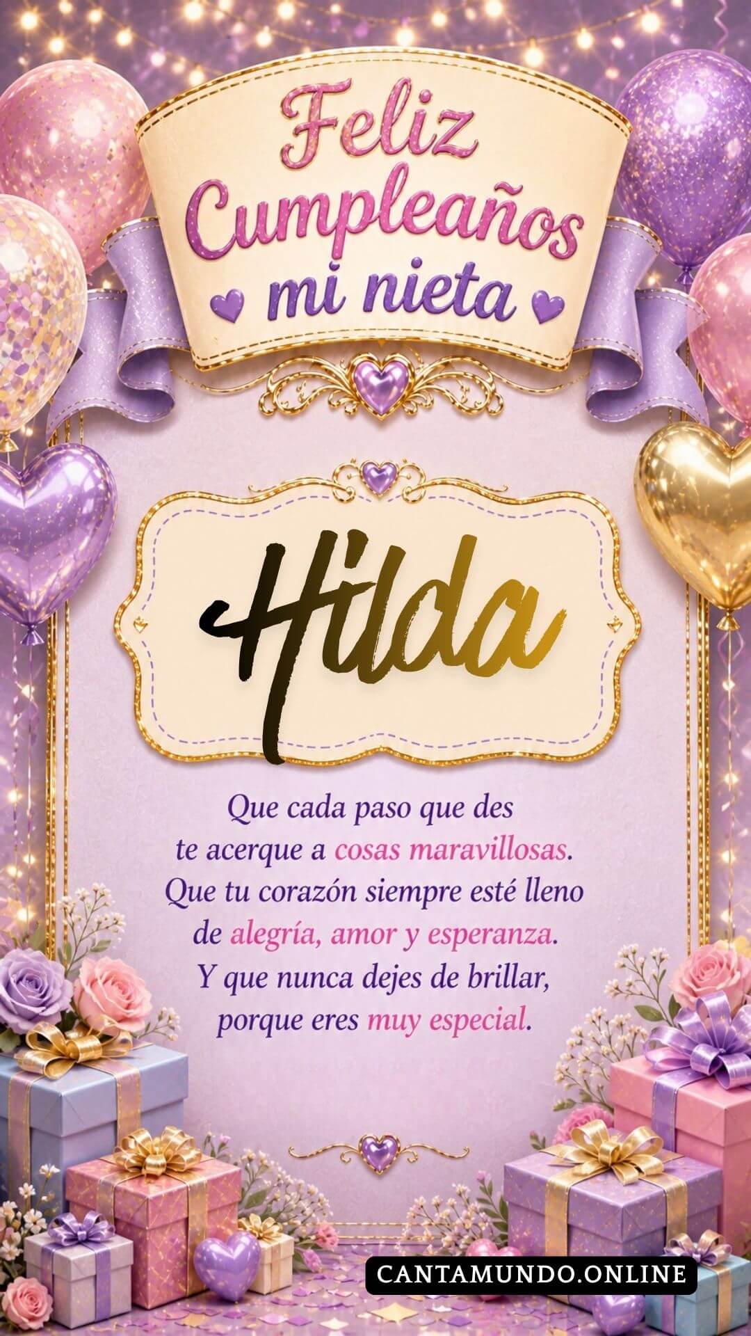 Tarjeta de Feliz cumpleaños para tu nieta Hilda gratis para descargar, felicitación de abuelita elegante