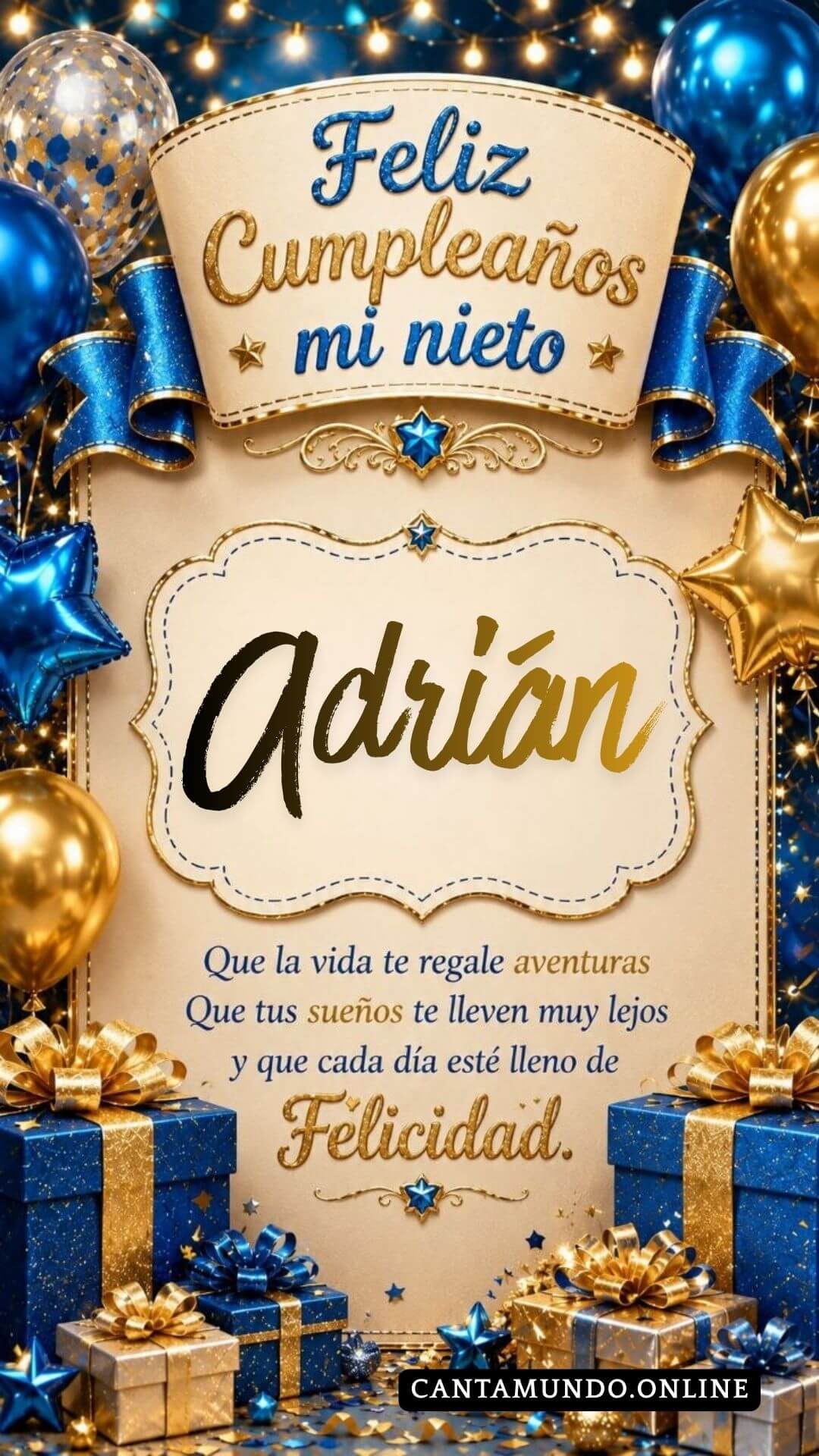 Tarjeta de Feliz cumpleaños para tu nieto Adrian gratis para descargar, felicitación de abuelita elegante