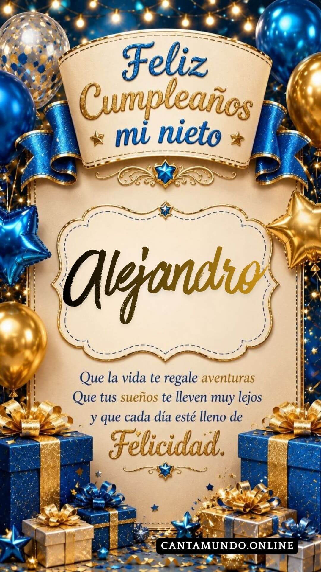 Tarjeta de Feliz cumpleaños para tu nieto Alejandro gratis para descargar, felicitación de abuelita elegante