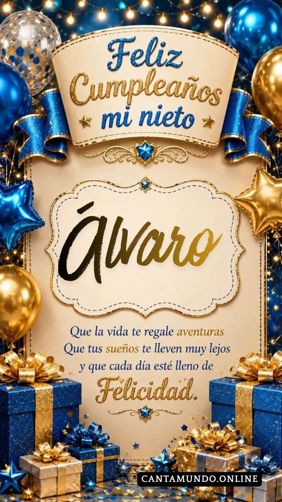 Tarjeta de Feliz cumpleaños para tu nieto Alvaro gratis para descargar, felicitación de abuelita elegante