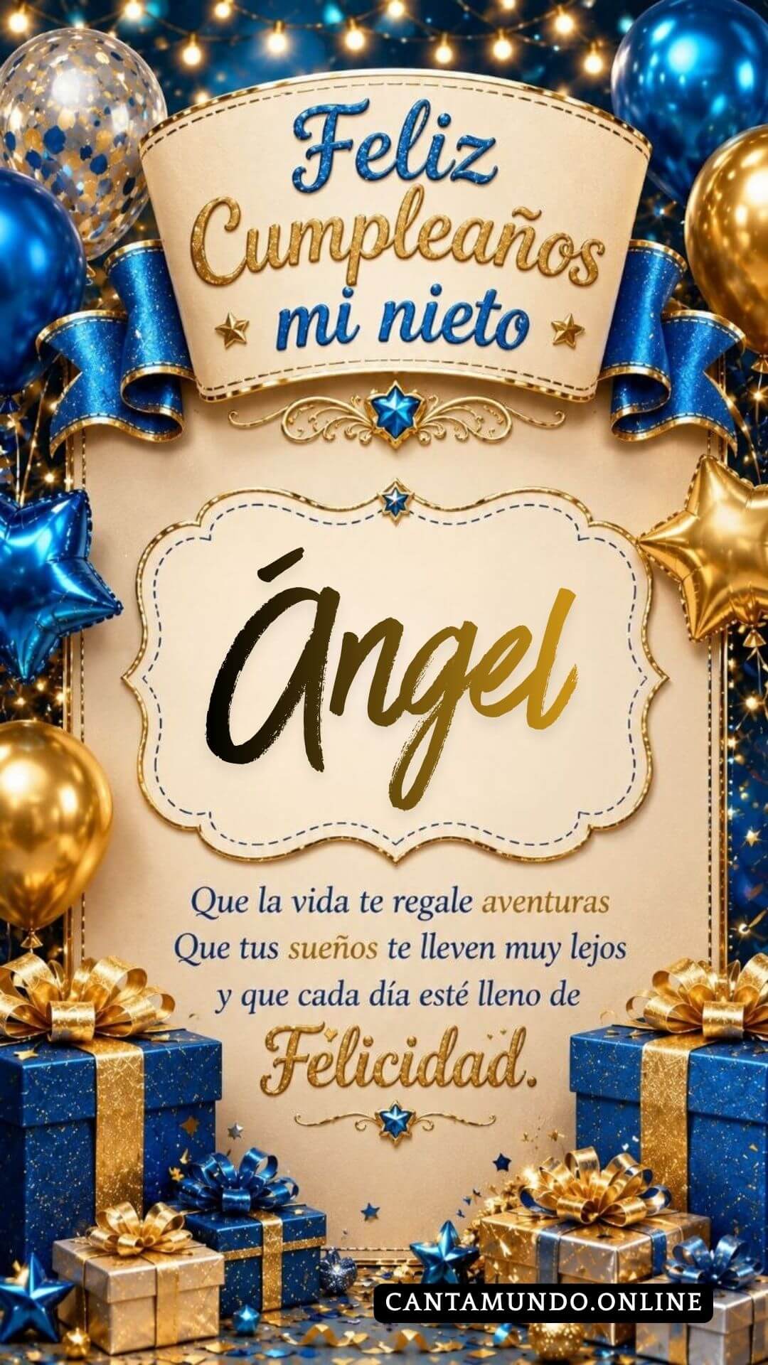 Tarjeta de Feliz cumpleaños para tu nieto Angel gratis para descargar, felicitación de abuelita elegante