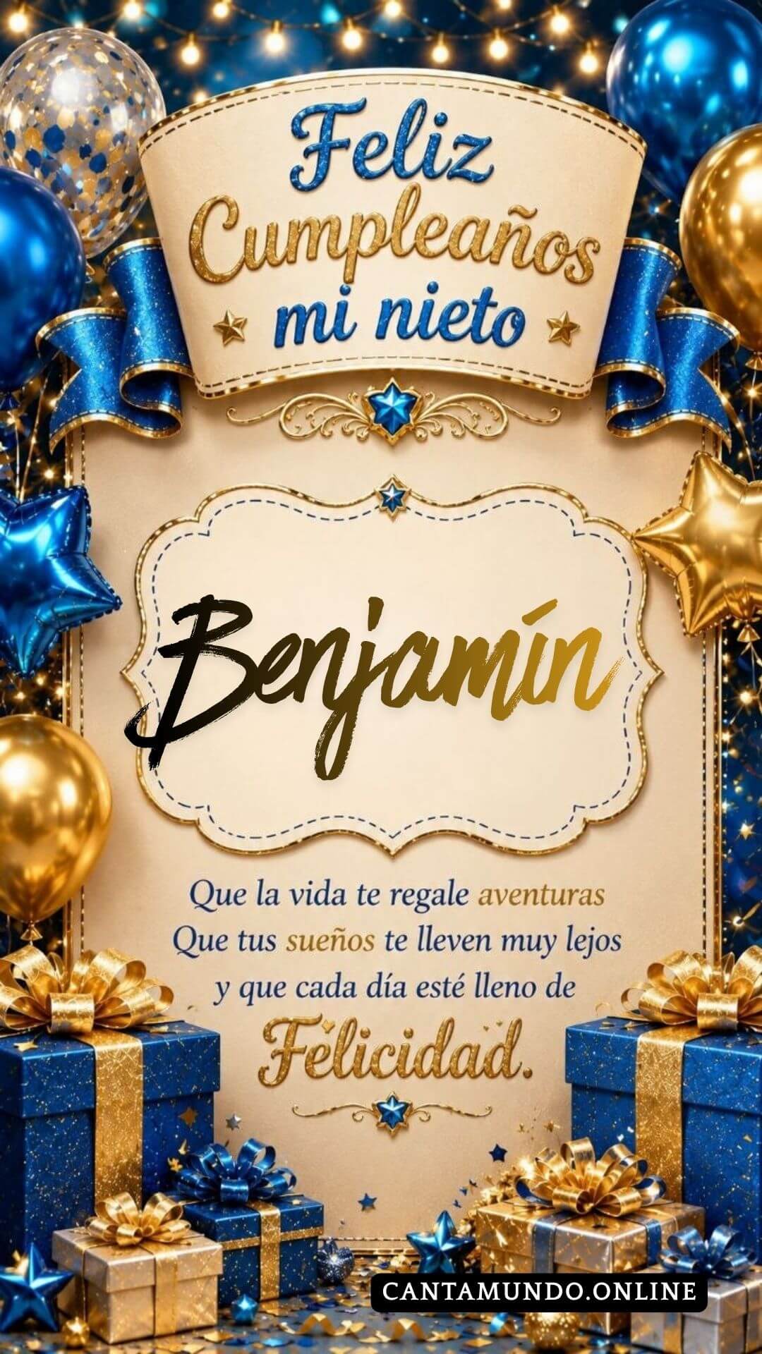 Tarjeta de Feliz cumpleaños para tu nieto Benjamin gratis para descargar, felicitación de abuelita elegante