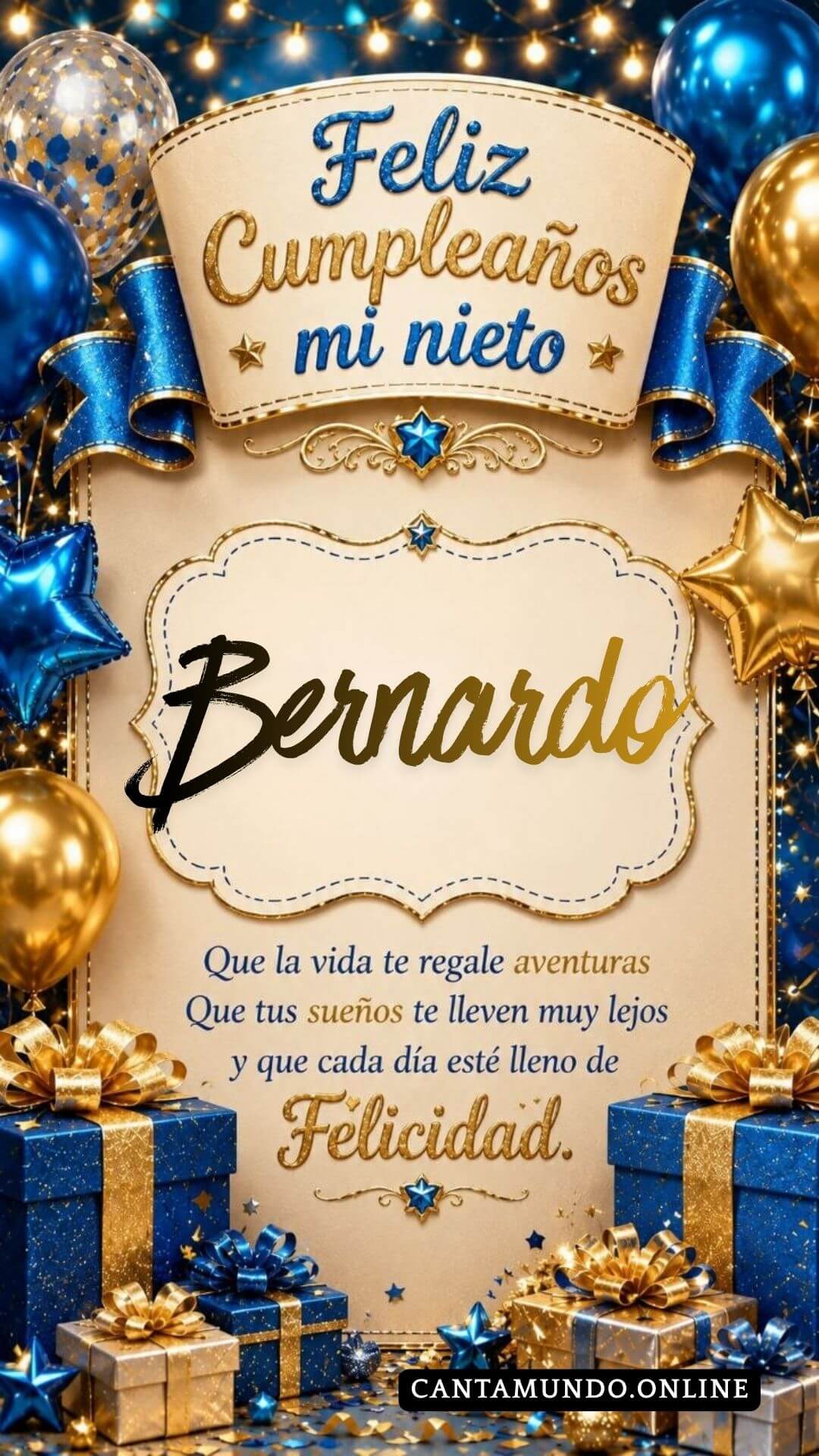 Tarjeta de Feliz cumpleaños para tu nieto Bernardo gratis para descargar, felicitación de abuelita elegante