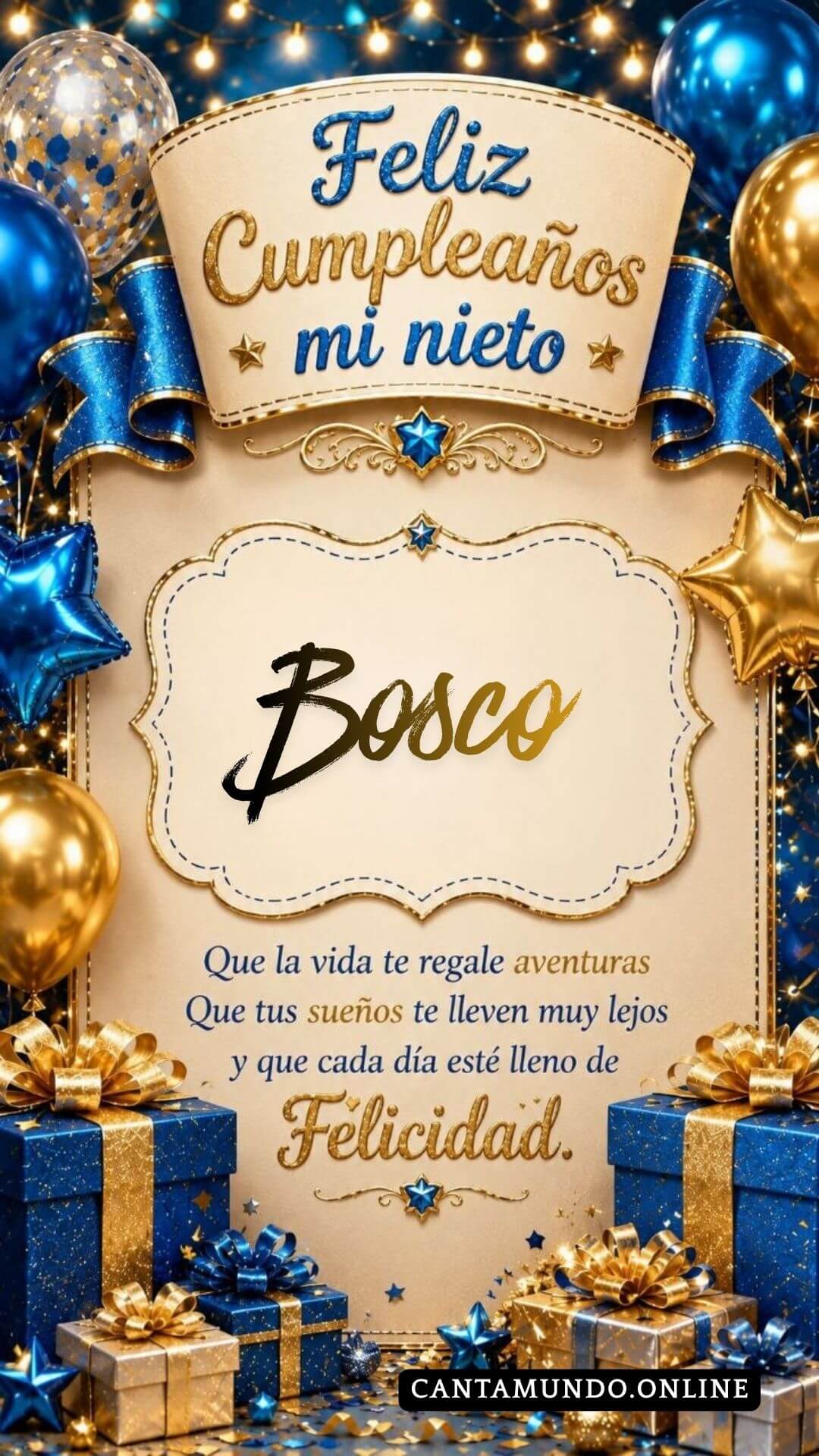 Tarjeta de Feliz cumpleaños para tu nieto Bosco gratis para descargar, felicitación de abuelita elegante