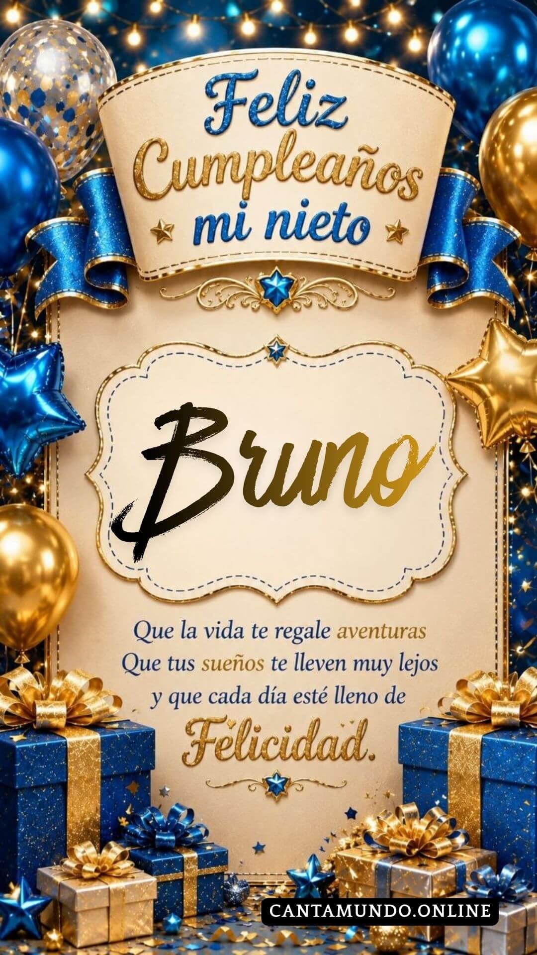 Tarjeta de Feliz cumpleaños para tu nieto Bruno gratis para descargar, felicitación de abuelita elegante