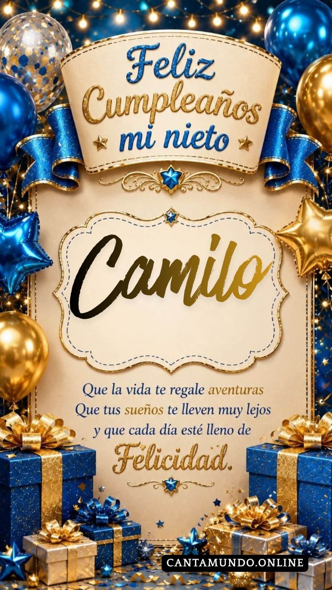 Tarjeta de Feliz cumpleaños para tu nieto Camilo gratis para descargar, felicitación de abuelita elegante