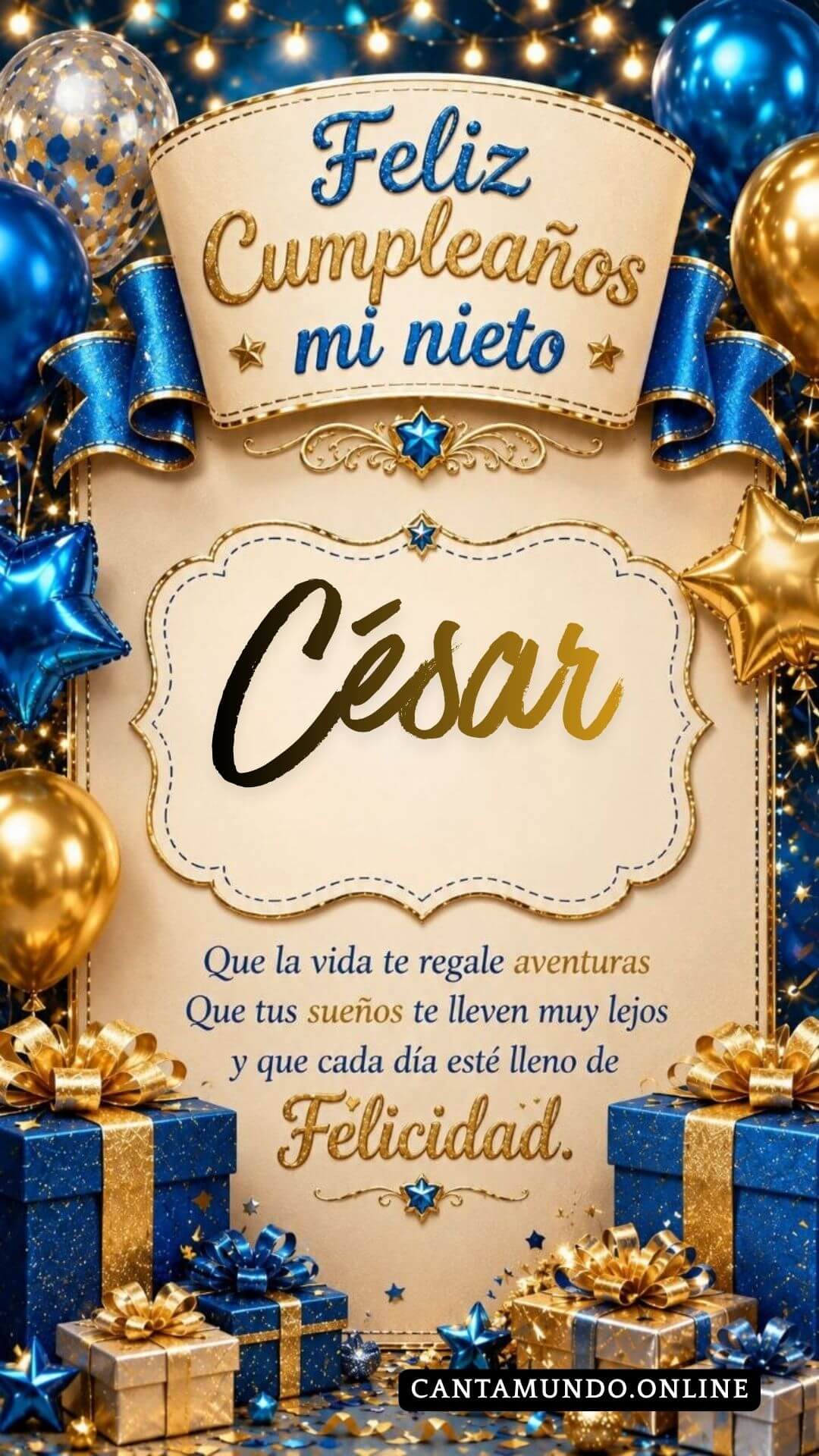 Tarjeta de Feliz cumpleaños para tu nieto Cesar gratis para descargar, felicitación de abuelita elegante
