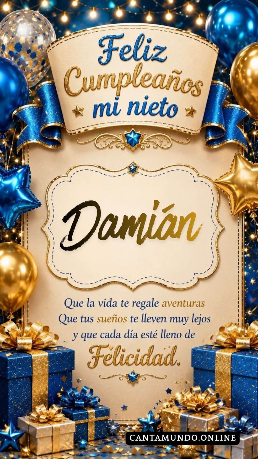 Tarjeta de Feliz cumpleaños para tu nieto Damian gratis para descargar, felicitación de abuelita elegante