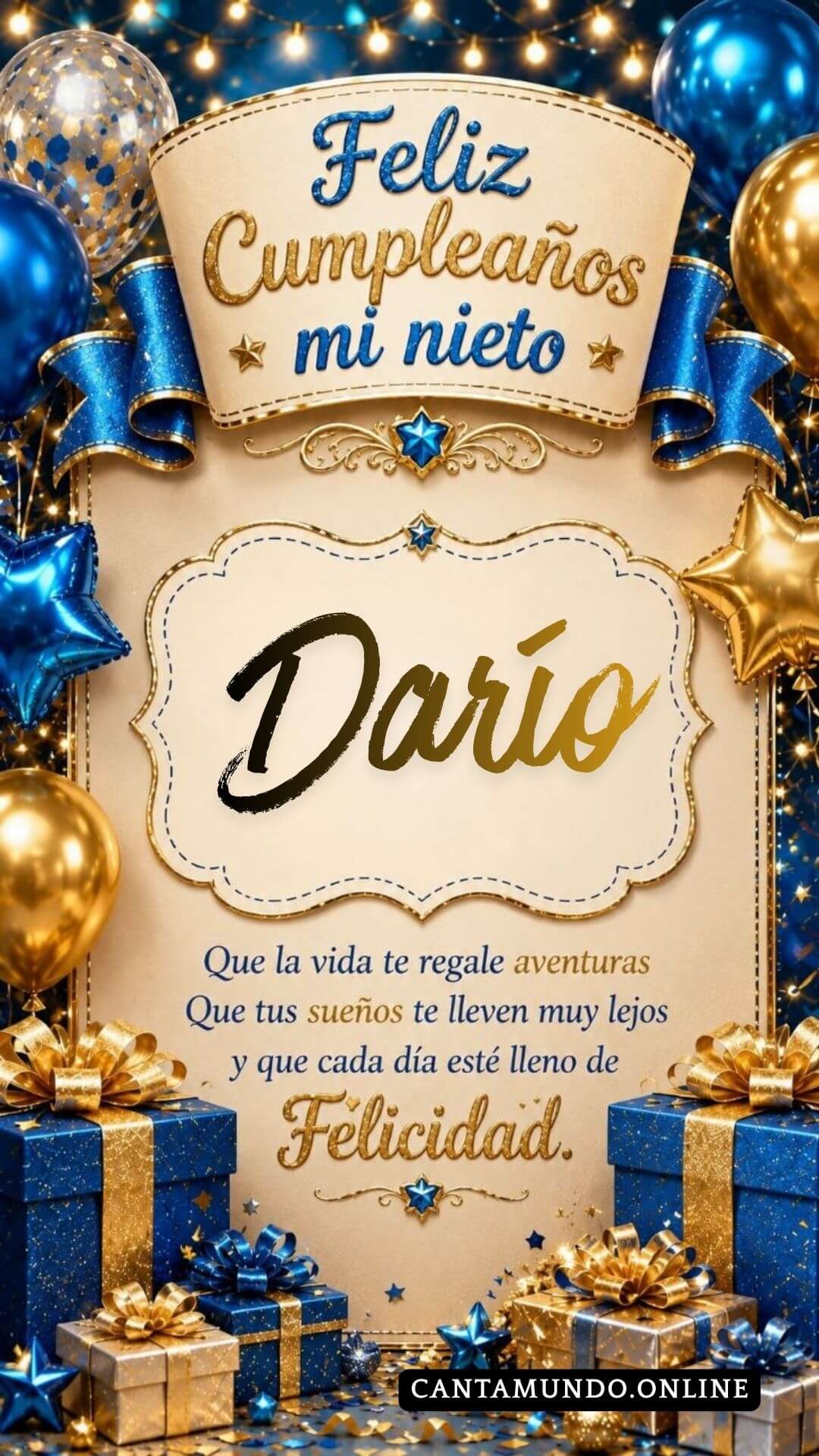 Tarjeta de Feliz cumpleaños para tu nieto Darío gratis para descargar, felicitación de abuelita elegante