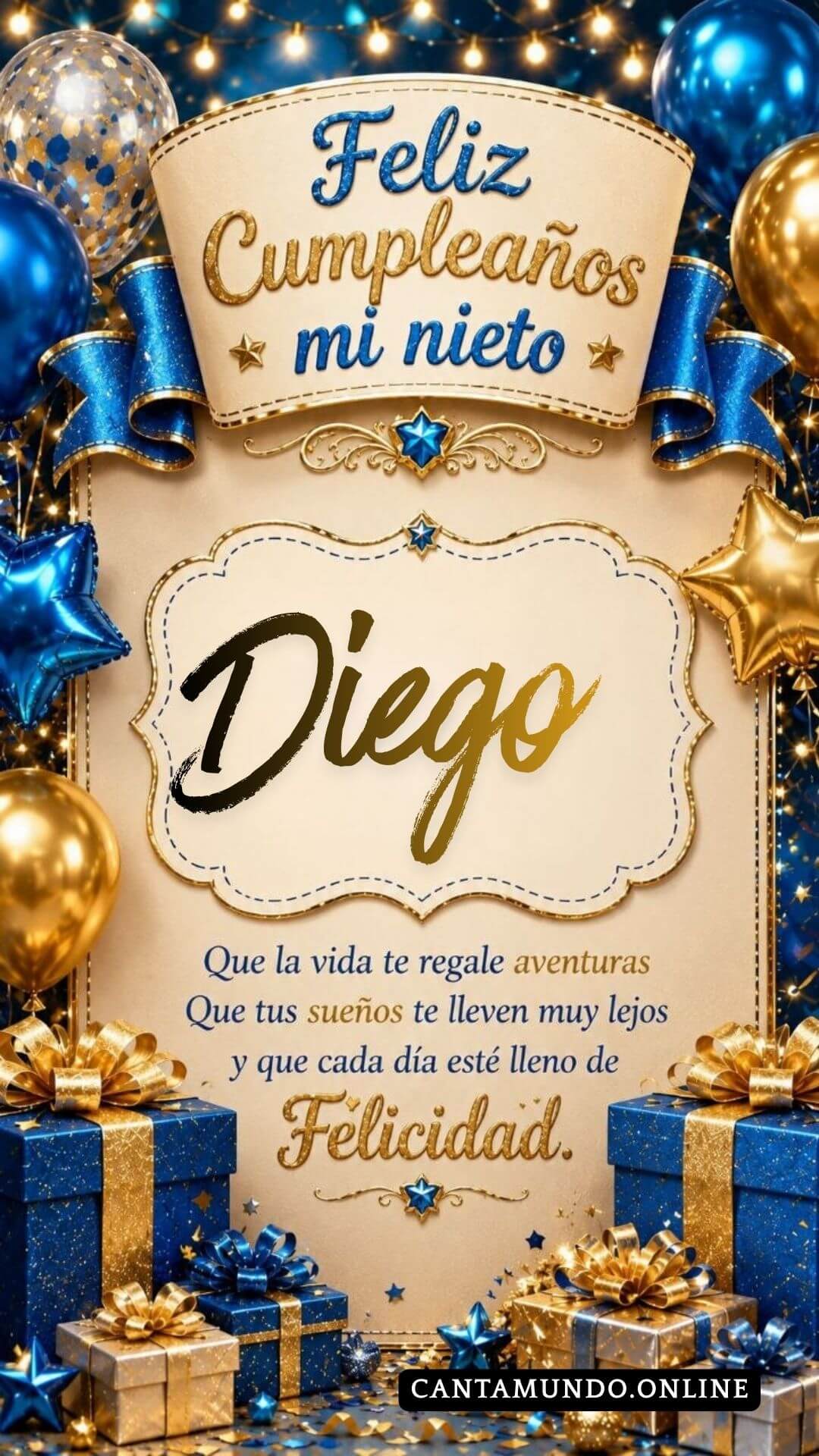 Tarjeta de Feliz cumpleaños para tu nieto Diego gratis para descargar, felicitación de abuelita elegante